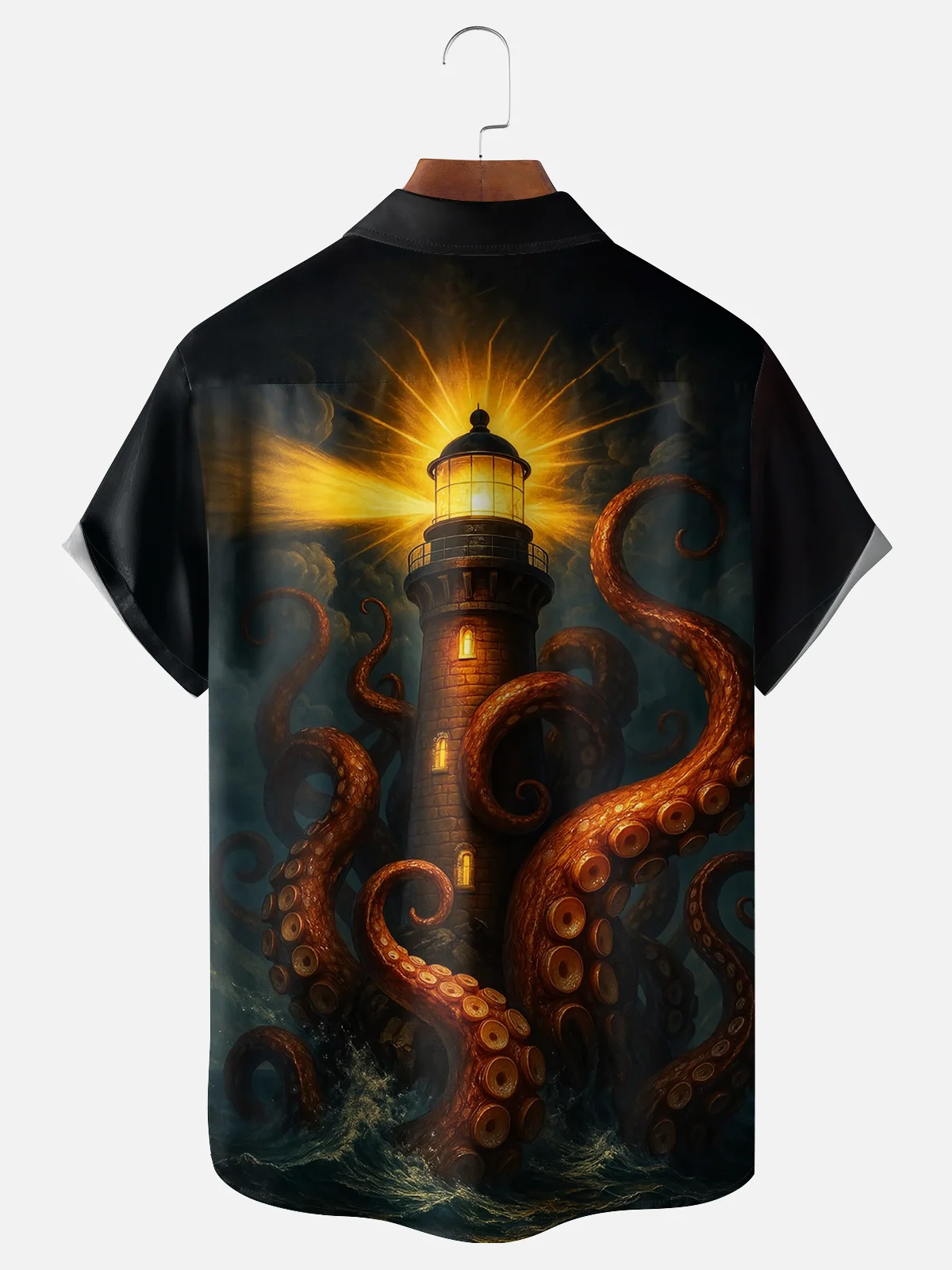 Moisture-wicking Giant Octopus Lighthouse Chest Pocket Casual Shirt
