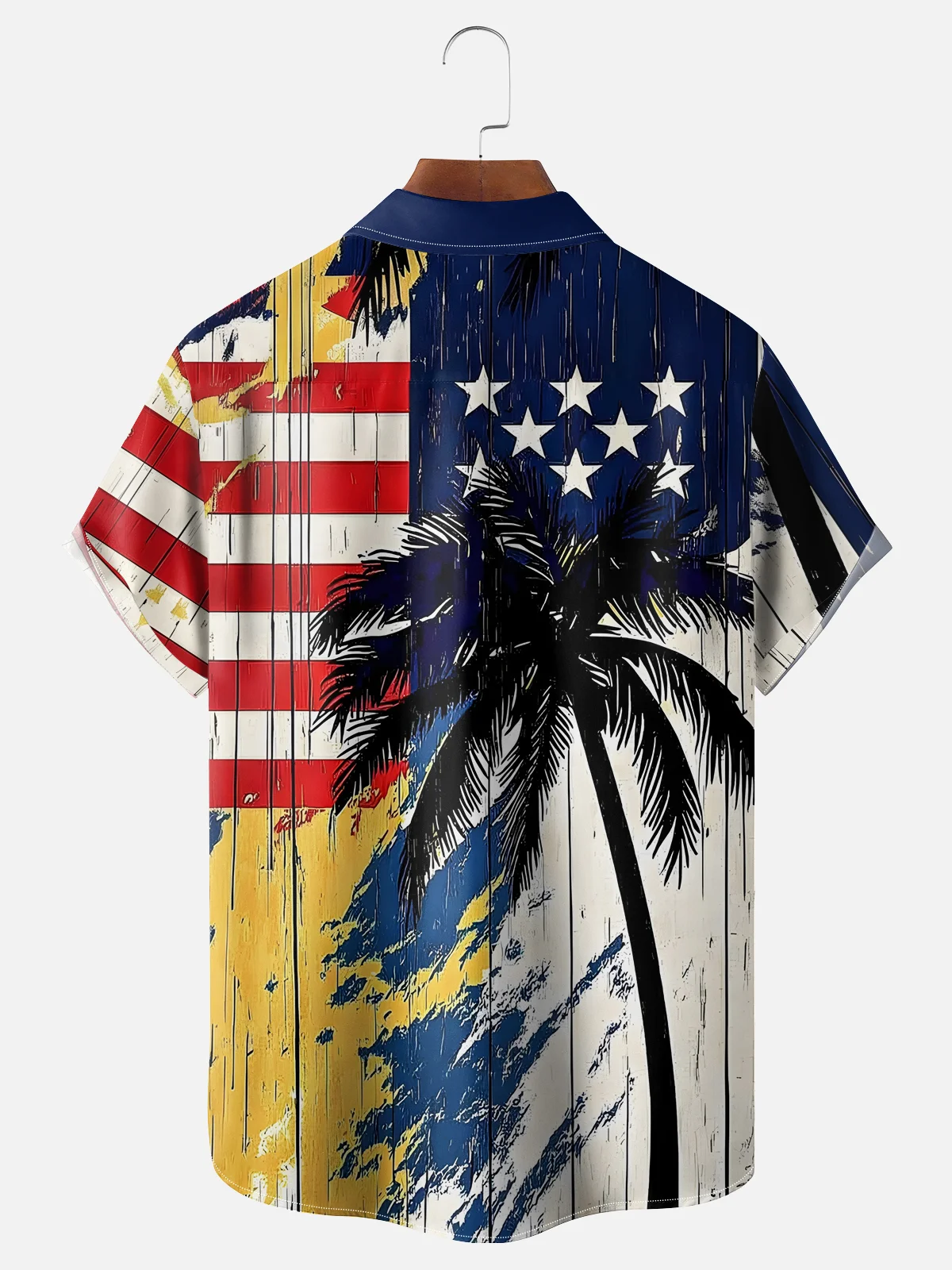 Moisture-wicking American Flag Palm Tree Chest Pocket Hawaiian Shirt