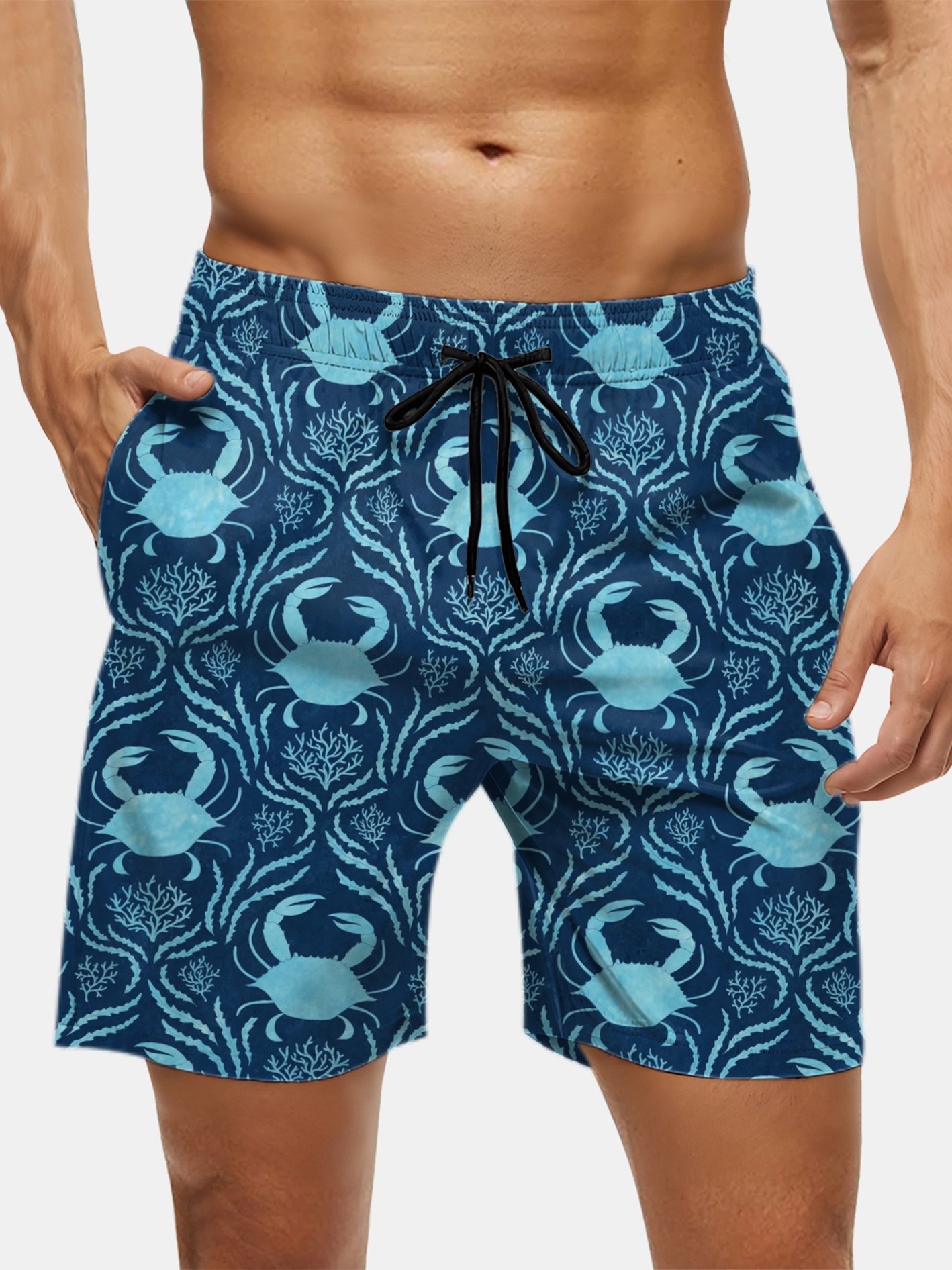 Men's Swim Trunks Hawaiian Marine Crab Beach Shorts with Pockets