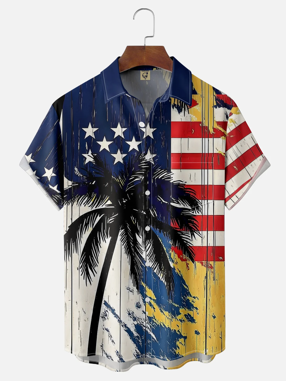 Moisture-wicking American Flag Palm Tree Chest Pocket Hawaiian Shirt