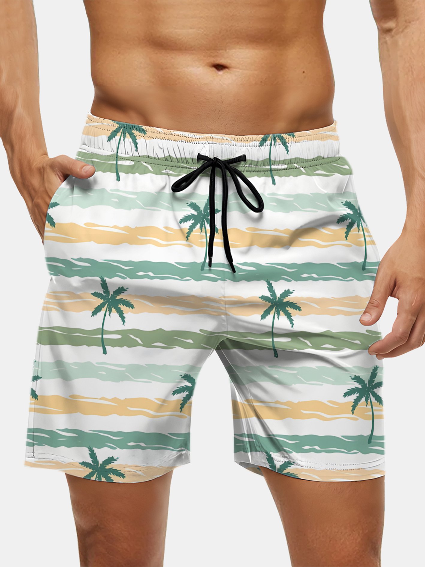 Men's Swim Trunks Hawaiian Tropical Palm Tree Beach Shorts with Pockets