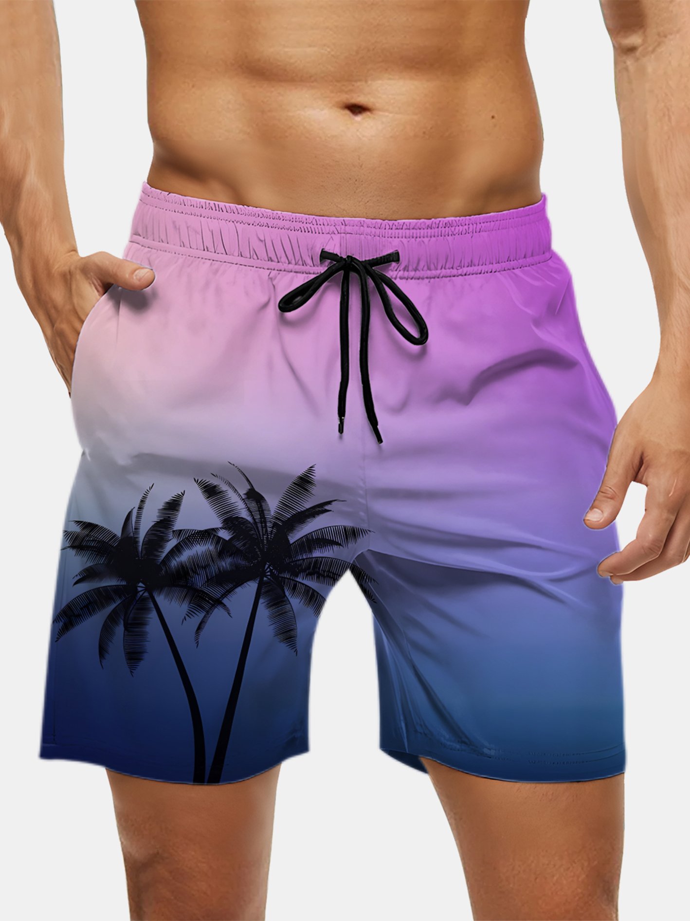 Men's Swim Trunks Hawaiian Tropical Palm Tree Beach Shorts with Pockets
