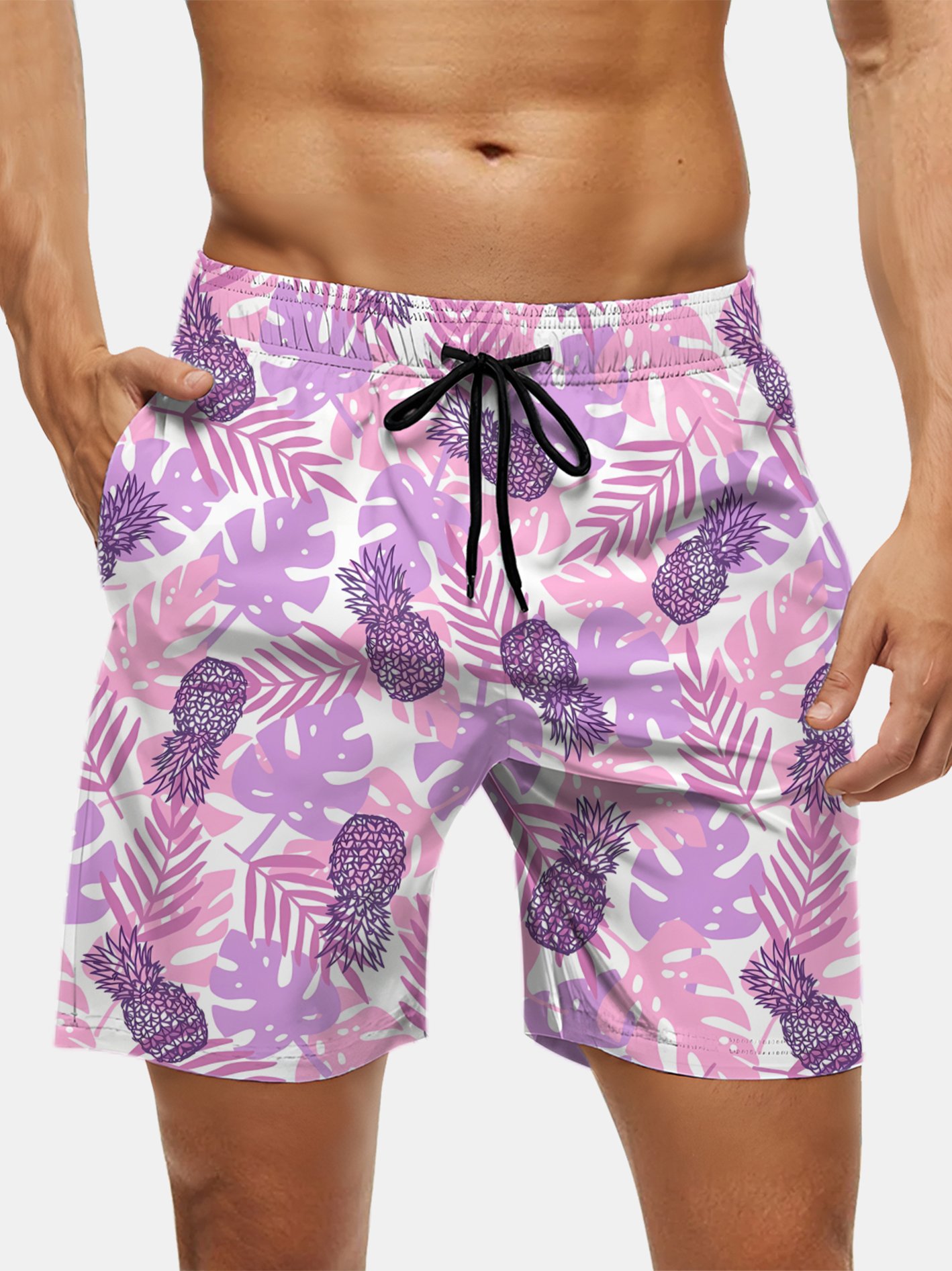 Men's Swim Trunks Hawaiian Tropical Palm Tree Pineapple Beach Shorts with Pockets
