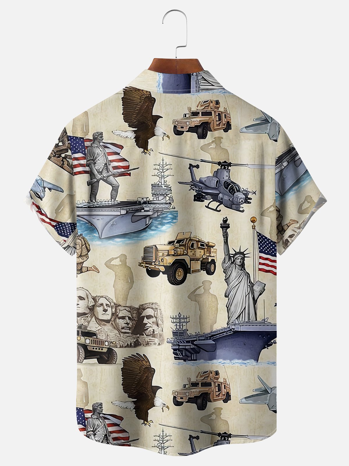 Moisture-Wicking Statue of Liberty American Flag Eagle Chest Pocket Hawaiian Shirt