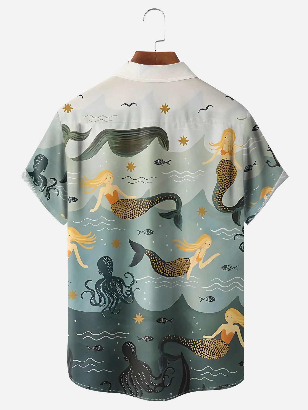 Moisture-wicking Vintage Mermaid Art Chest Pocket Hawaiian Shirt