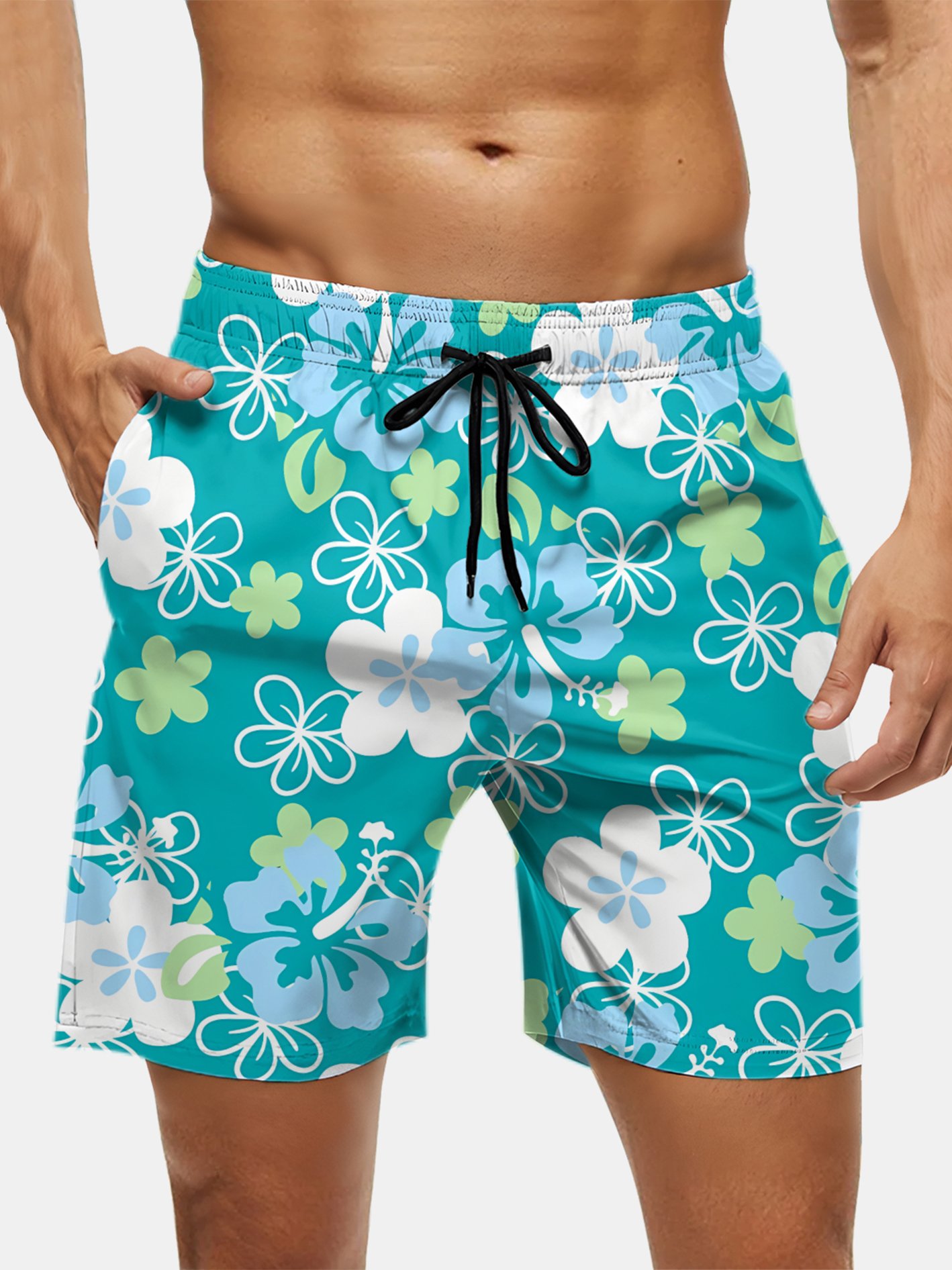 Men's Swim Trunks Hawaiian Tropical Floral Beach Shorts with Pockets