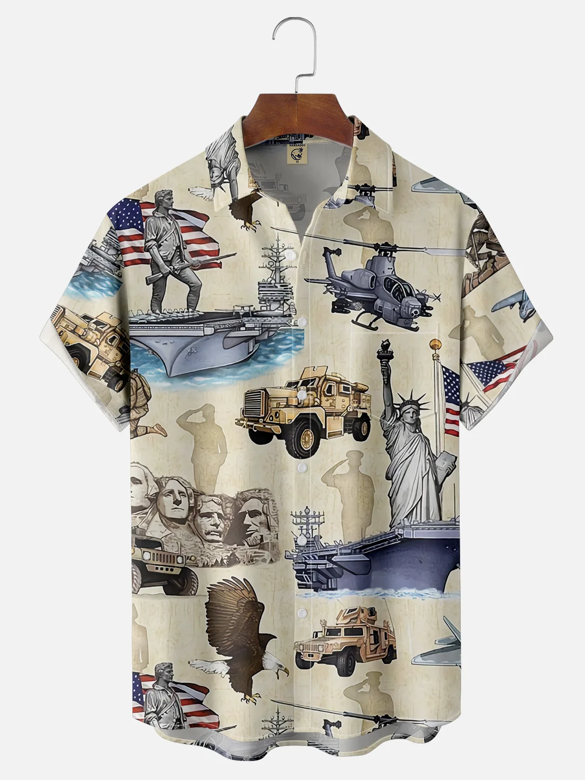 Moisture-Wicking Statue of Liberty American Flag Eagle Chest Pocket Hawaiian Shirt