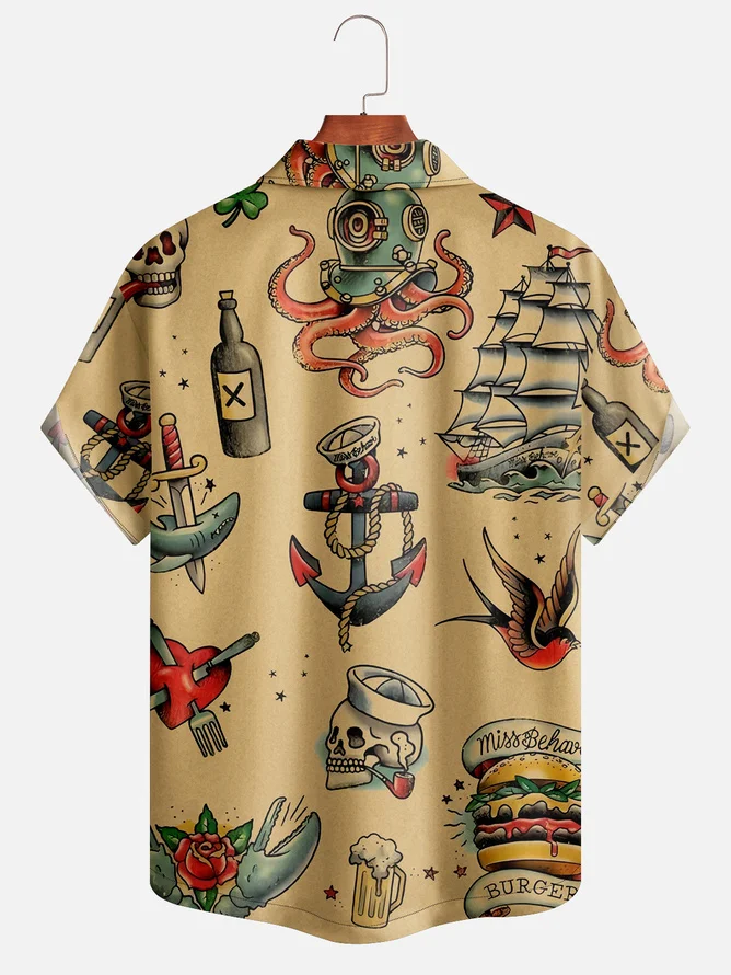 Tall Size Mens Hawaiian Sailing Print Camp Collar Loose Short Sleeve Funky Hawaiian Shirt