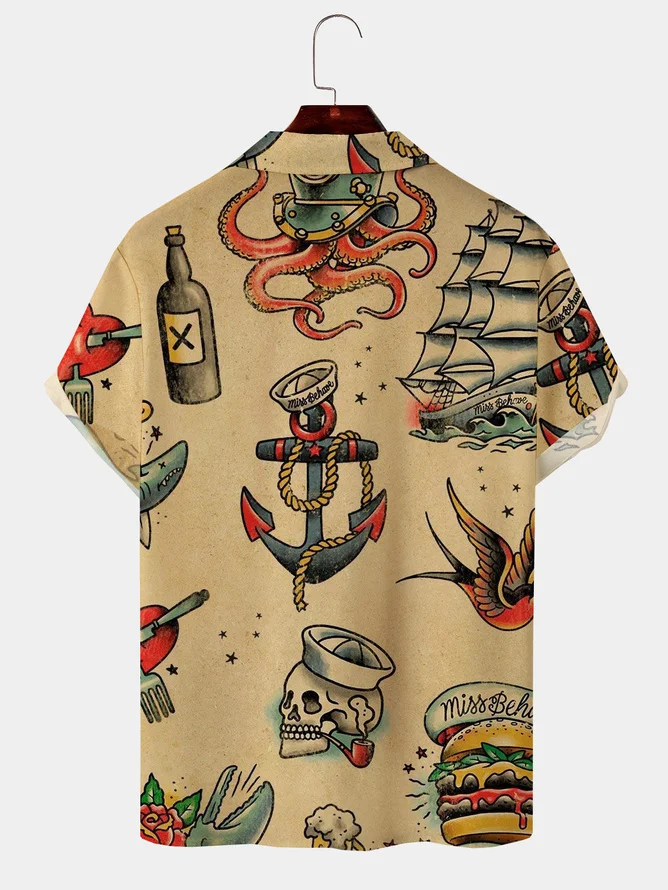 Tall Size Mens Hawaiian Sailing Print Camp Collar Loose Short Sleeve Funky Hawaiian Shirt