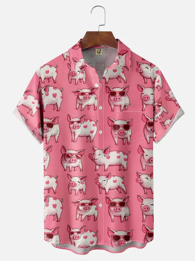 Tall Size Moisture-wicking Fly Pigs Chest Pocket Casual Shirt