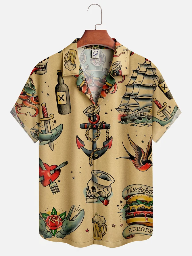 Tall Size Mens Hawaiian Sailing Print Camp Collar Loose Short Sleeve Funky Hawaiian Shirt