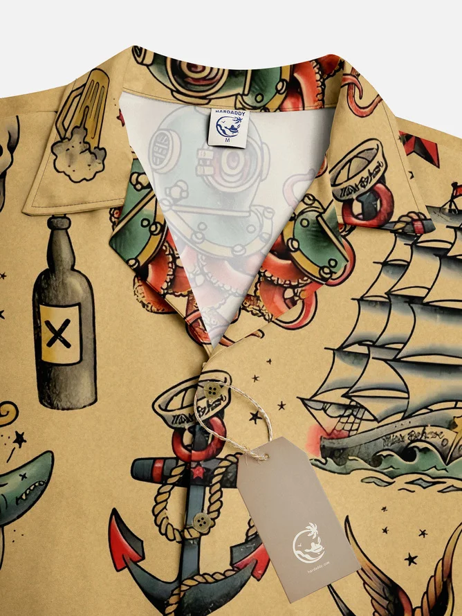 Tall Size Mens Hawaiian Sailing Print Camp Collar Loose Short Sleeve Funky Hawaiian Shirt