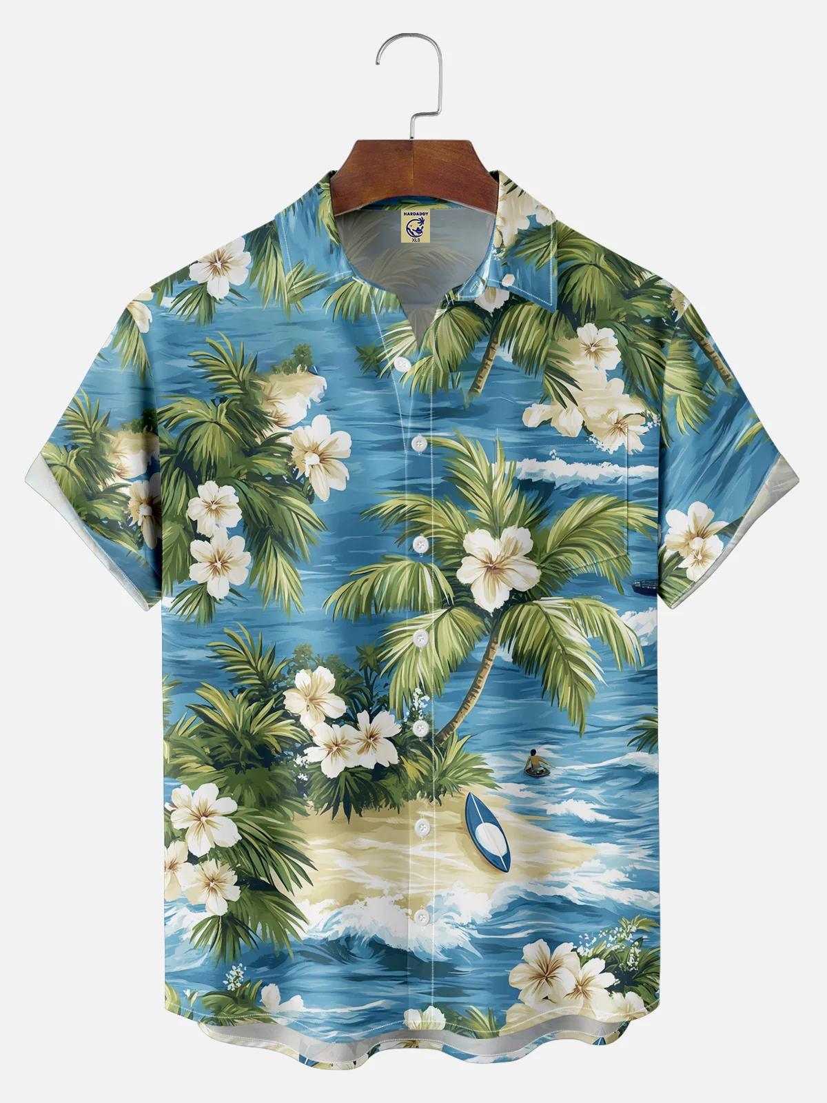 Big Size Moisture-wicking Tropical Hibiscus Flower Chest Pocket Hawaiian Shirt