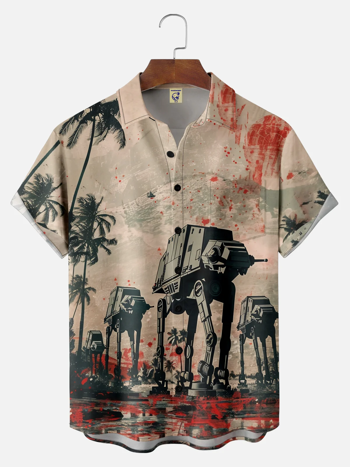 Big Size Moisture-wicking Star Robot Chest Pocket Hawaiian Shirt