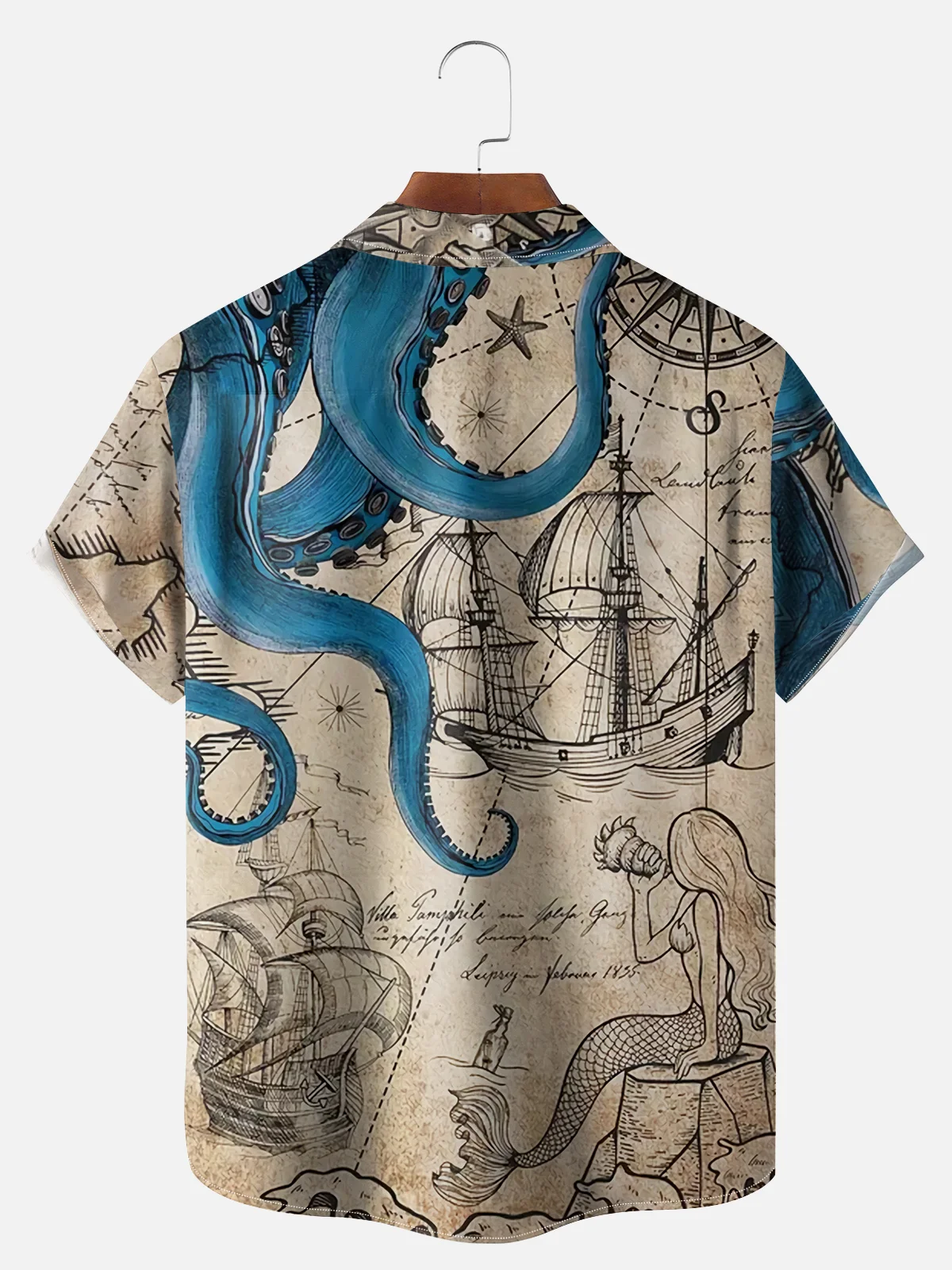 Big Size Moisture Wicking Hawaiian Octopus Map Chest Pocket Casual Shirt