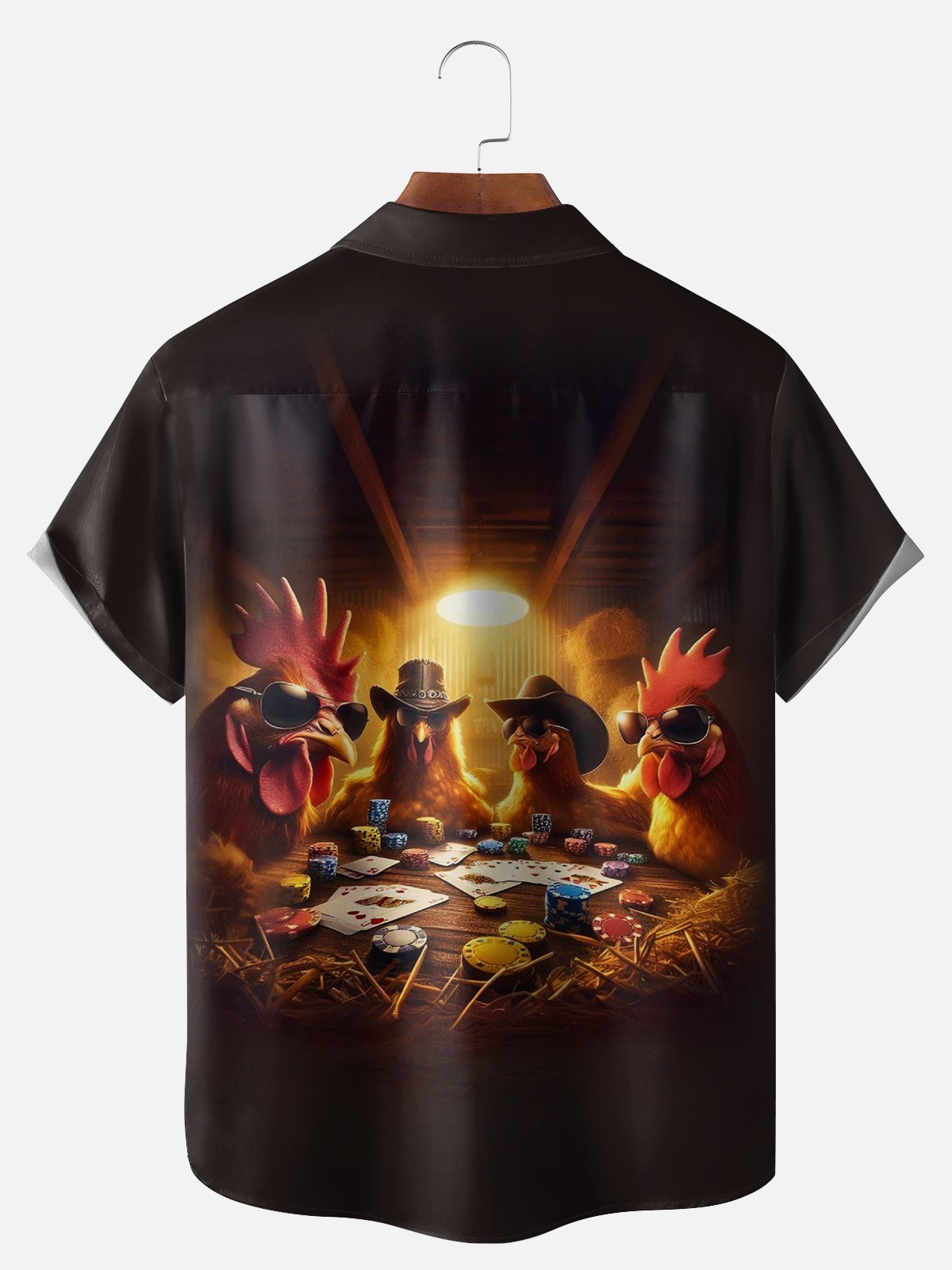 Big Size Moisture-wicking Rooster Poker Chip Farm Chest Pocket Casual Shirt