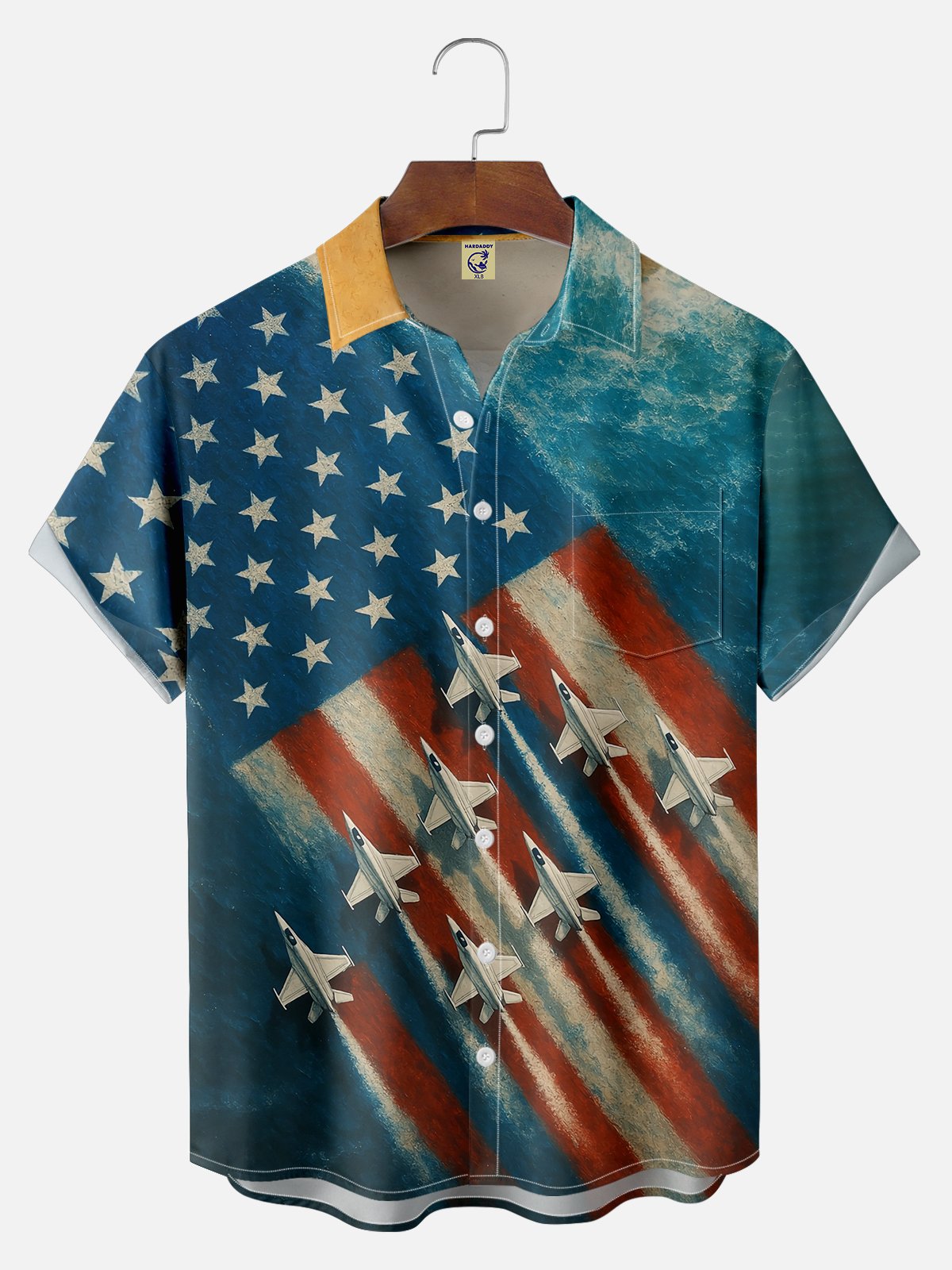 Big Size Moisture-wicking American Flag Funny Landscape Beach Stars and Stripes Chest Pocket Casual Shirt