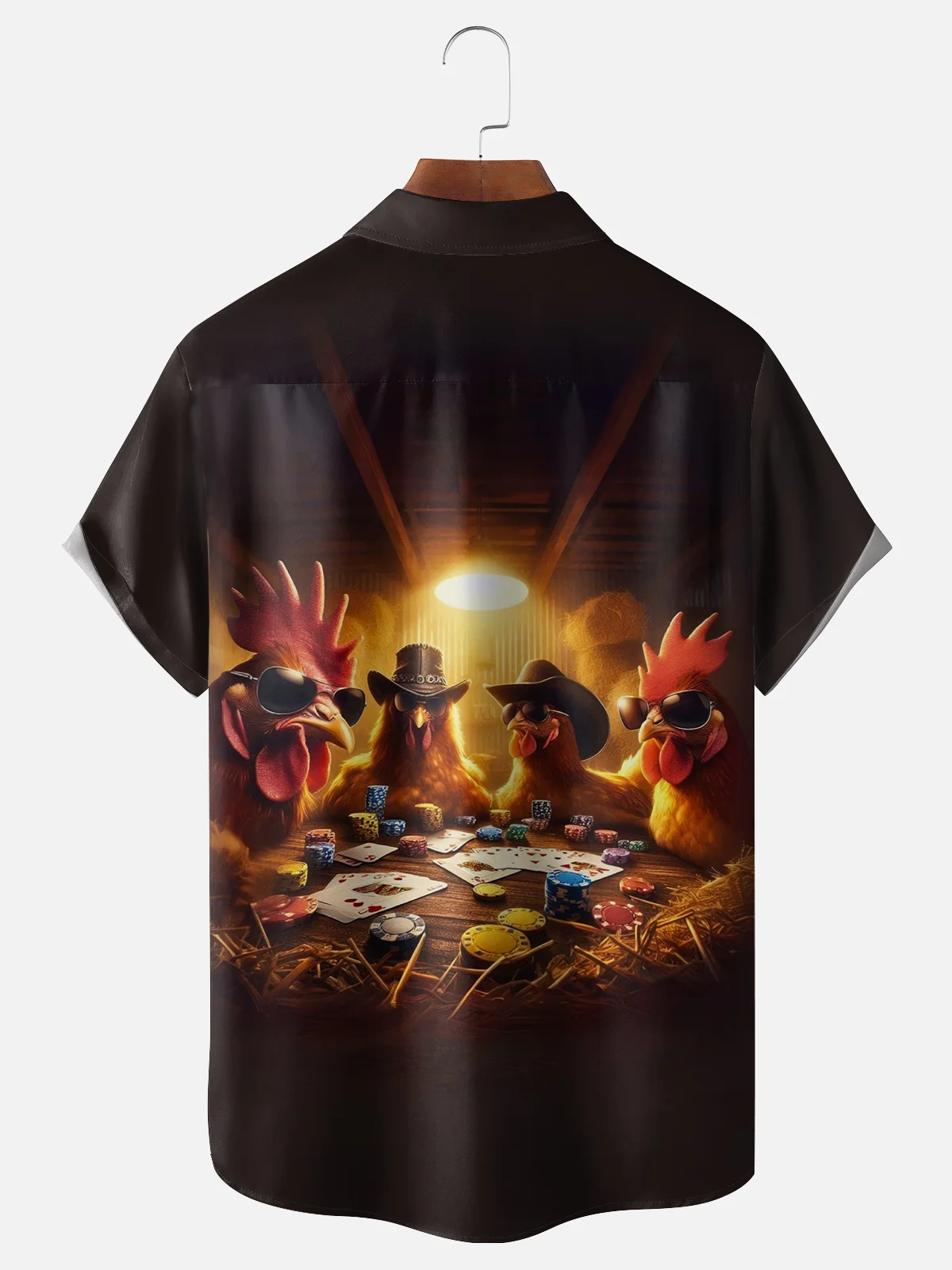 Tall Size Moisture-wicking Rooster Poker Chip Farm Chest Pocket Casual Shirt