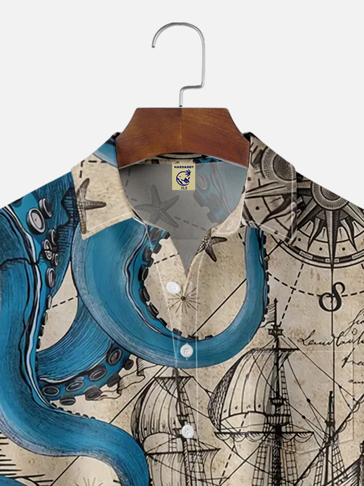 Big Size Moisture Wicking Hawaiian Octopus Map Chest Pocket Casual Shirt