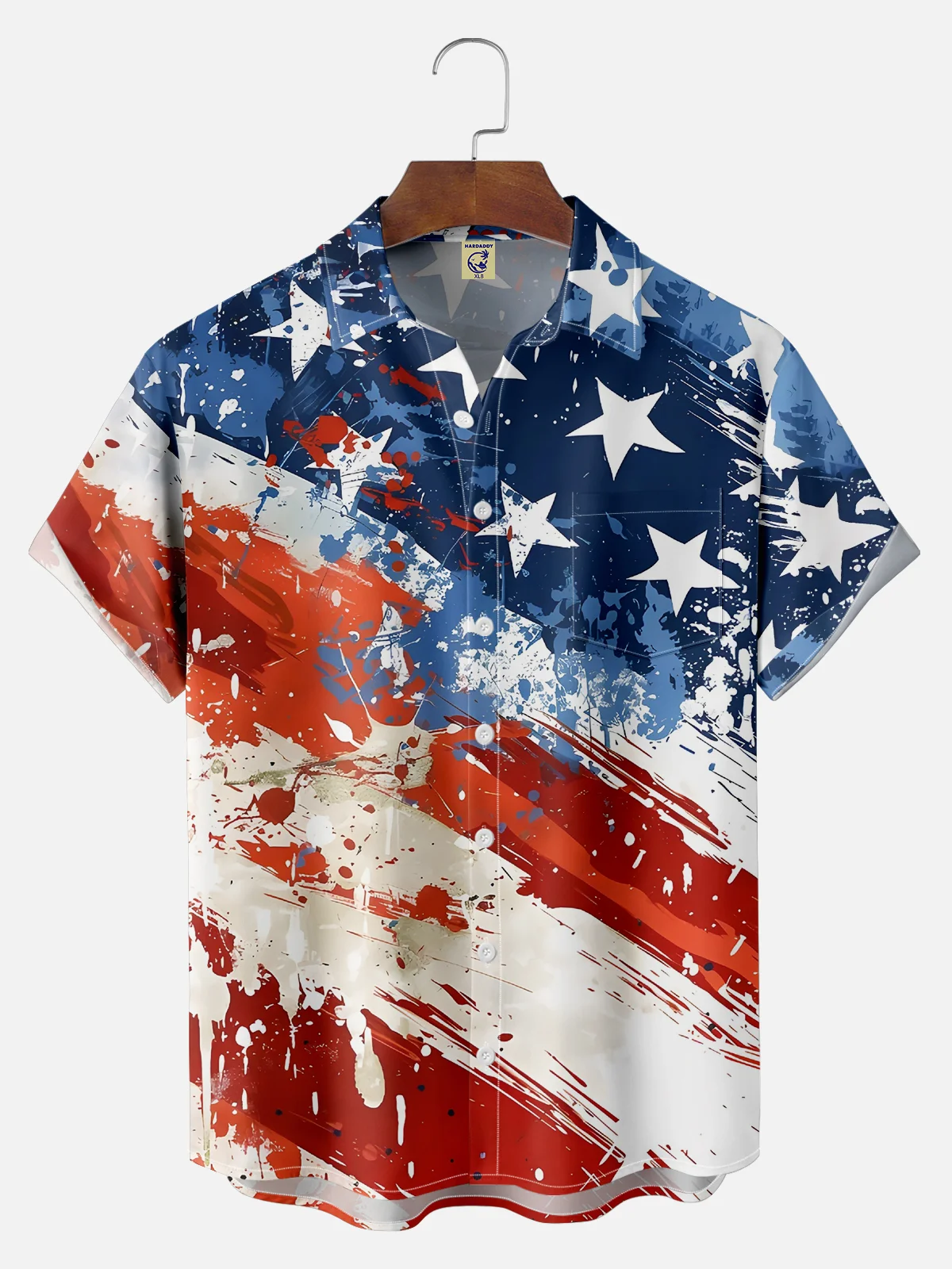 Big Size Moisture-wicking American Flag Oil Painting Ink Art Chest Pocket Casual Shirt