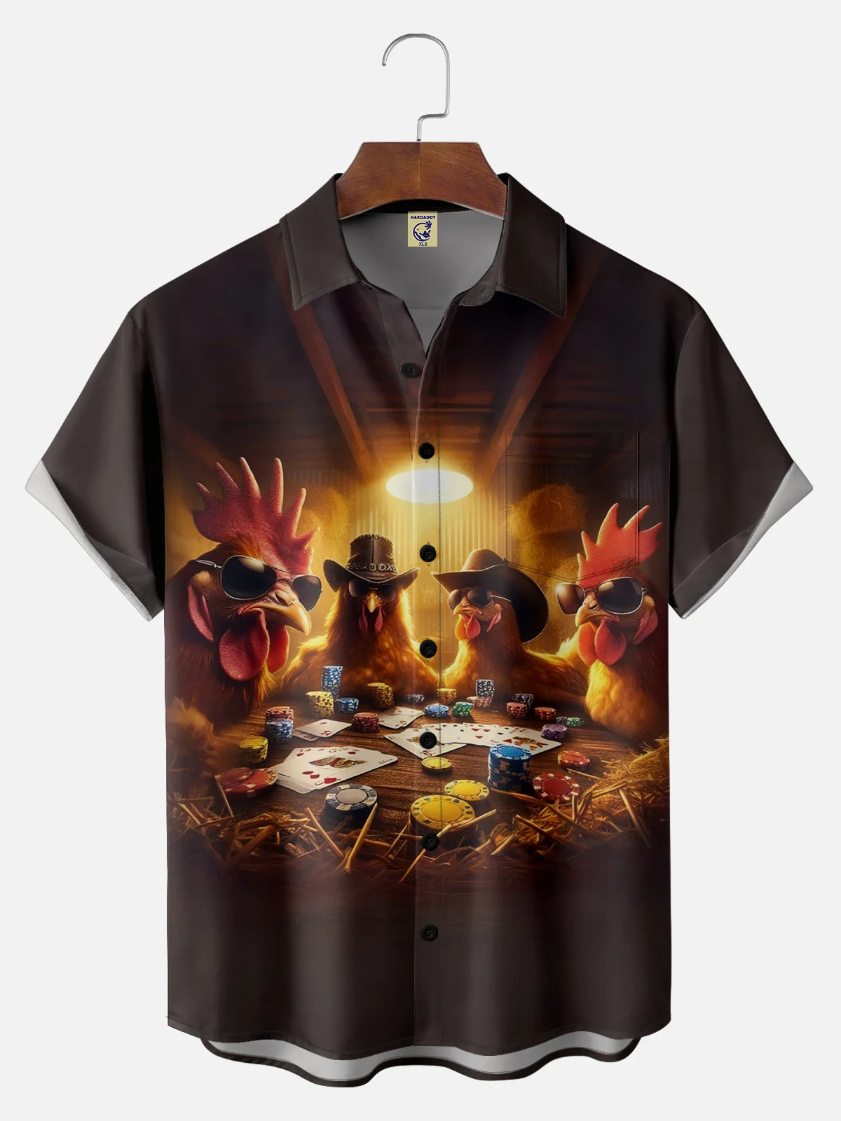 Big Size Moisture-wicking Rooster Poker Chip Farm Chest Pocket Casual Shirt