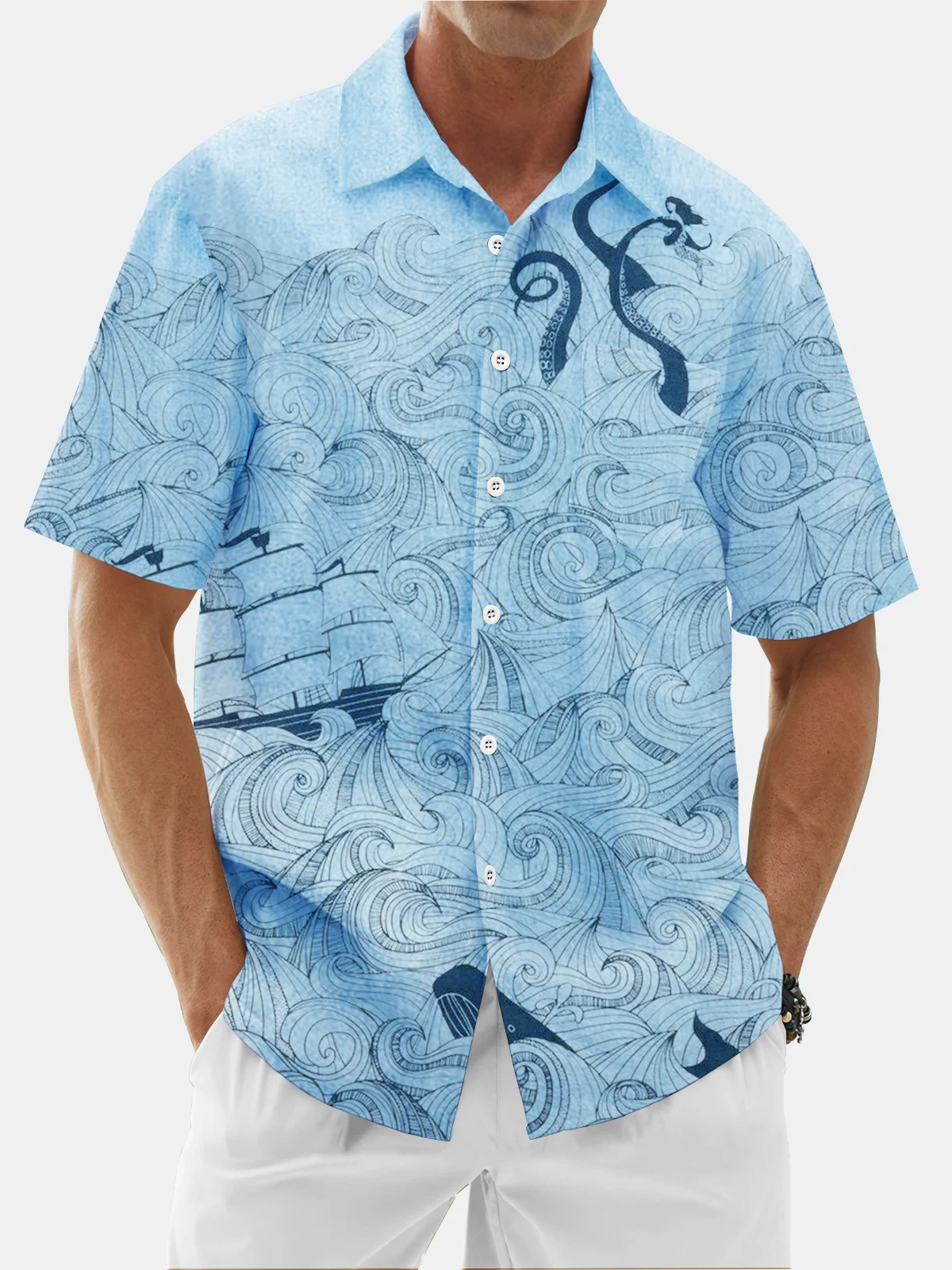 Moisture Wicking Ocean Octopus Chest Pocket Hawaiian Shirt