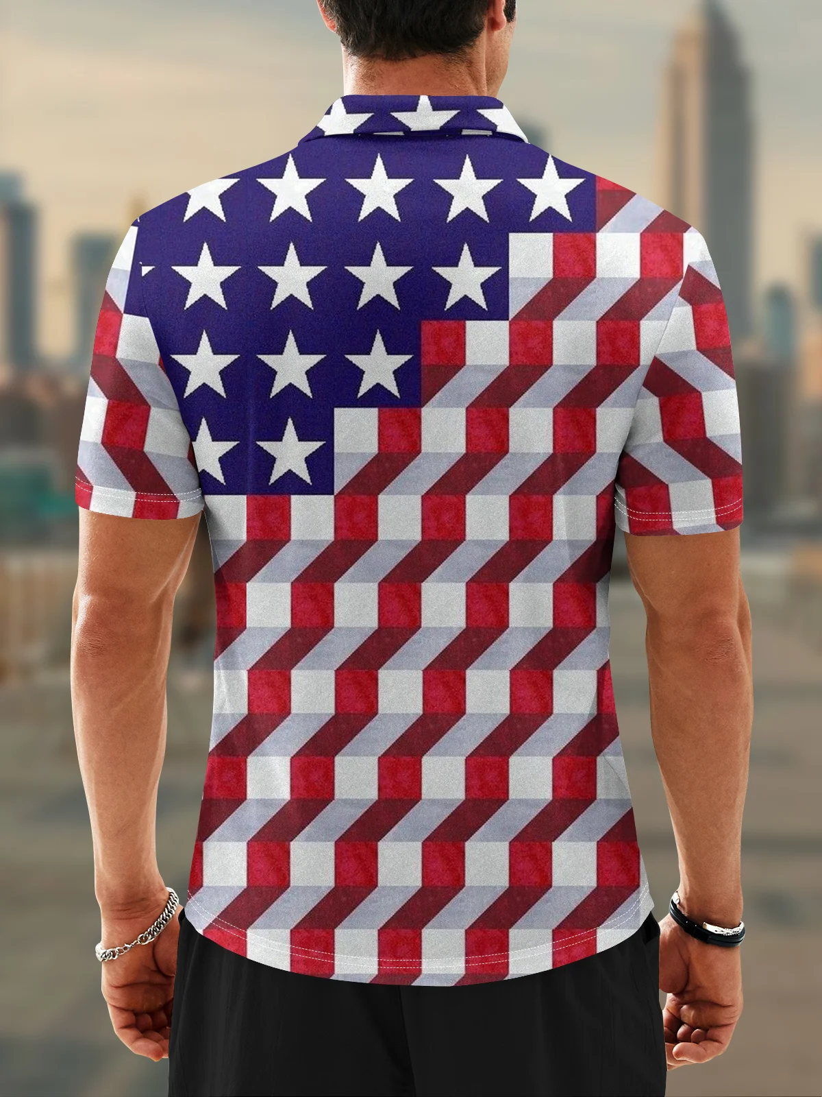 Moisture Wicking 3D Geometric American Flag Short Sleeve Golf Polo