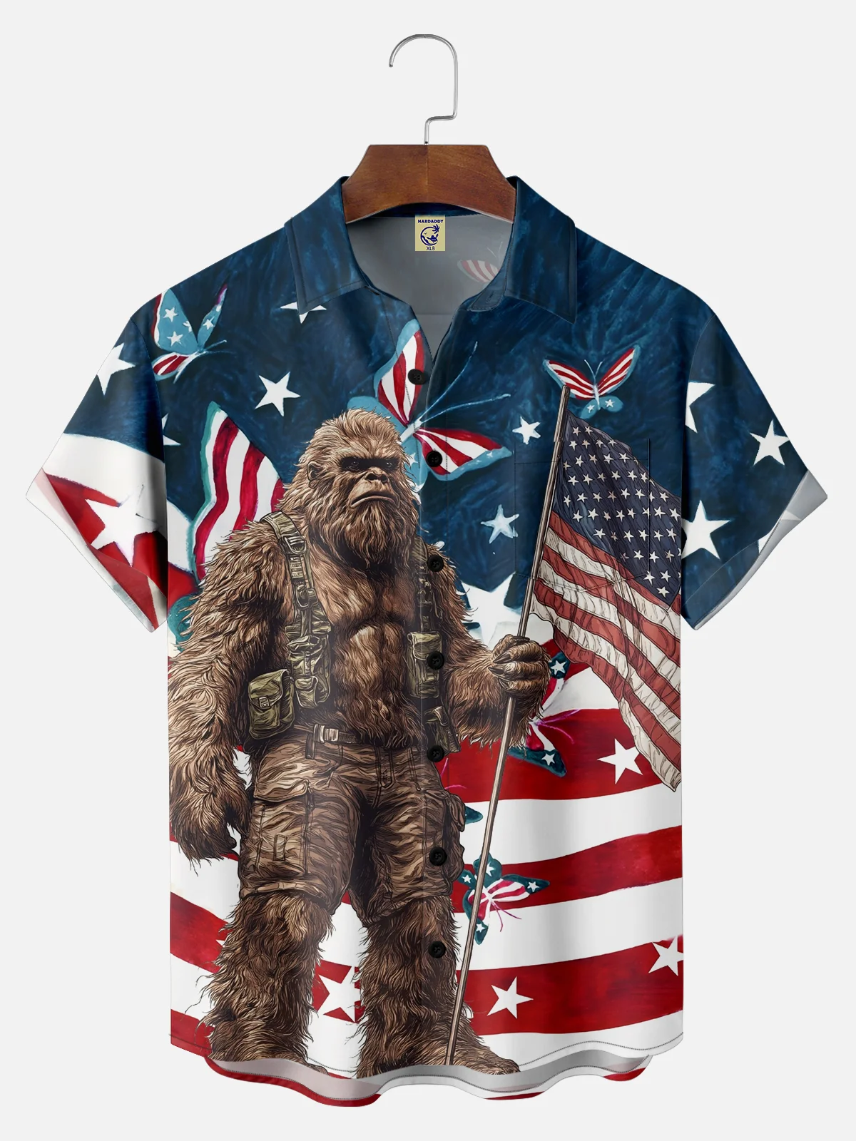 Big Size Moisture-wicking American Flag Bigfoot Chest Pocket Casual Shirt