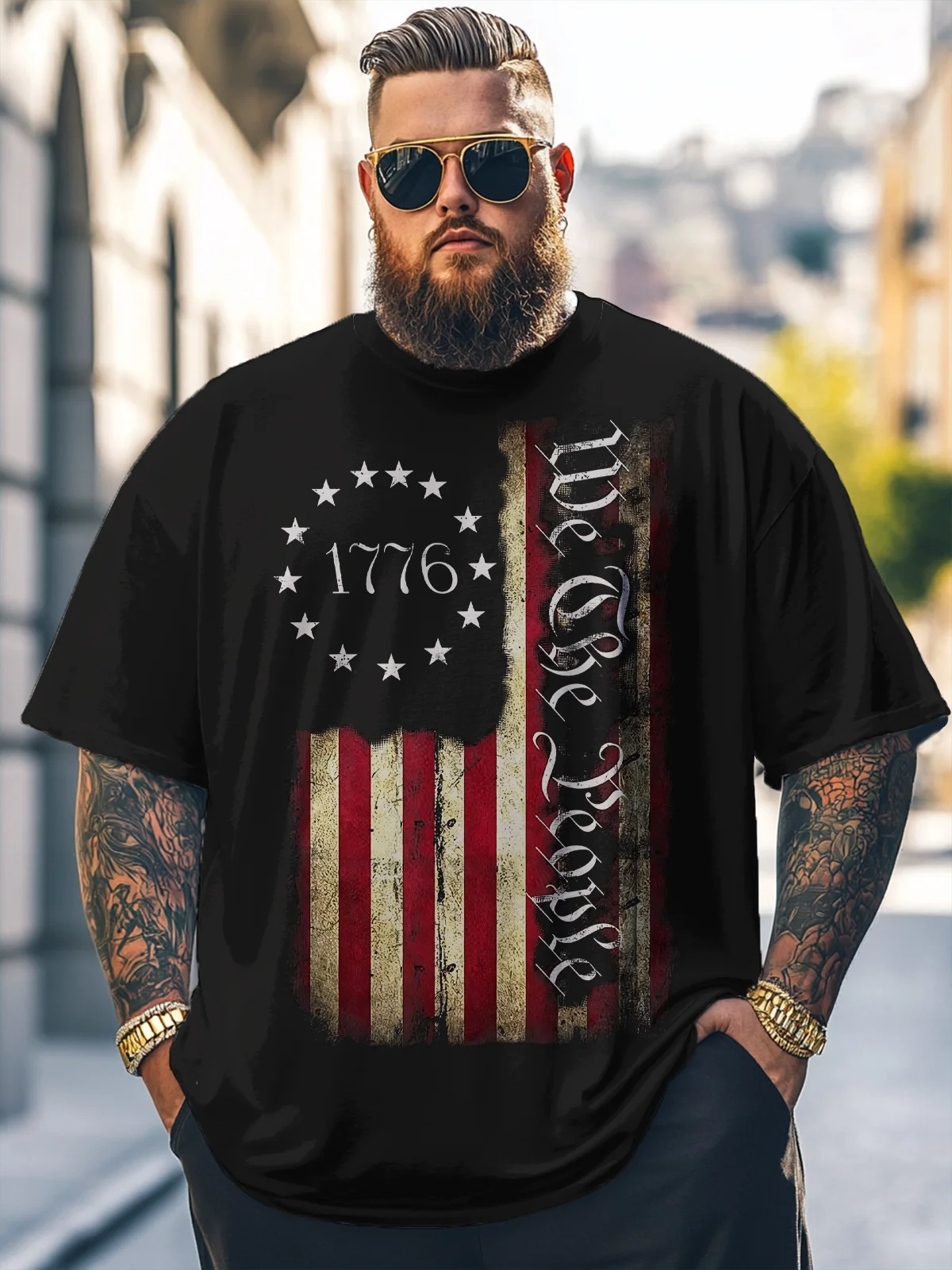Big Size Men's 1776 Independence Day American Flag Loose T-shirt