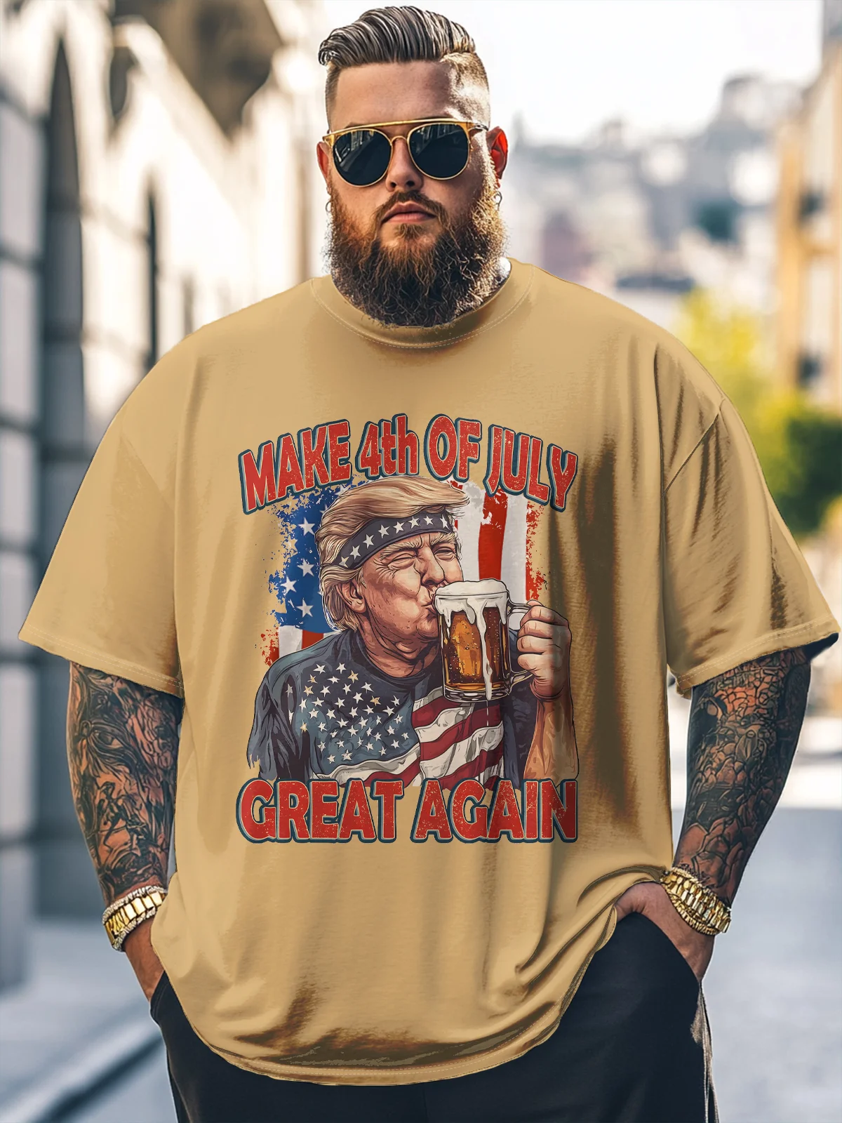 Big Size Men's Funny Trump Beer Independence Day Loose T-shirt