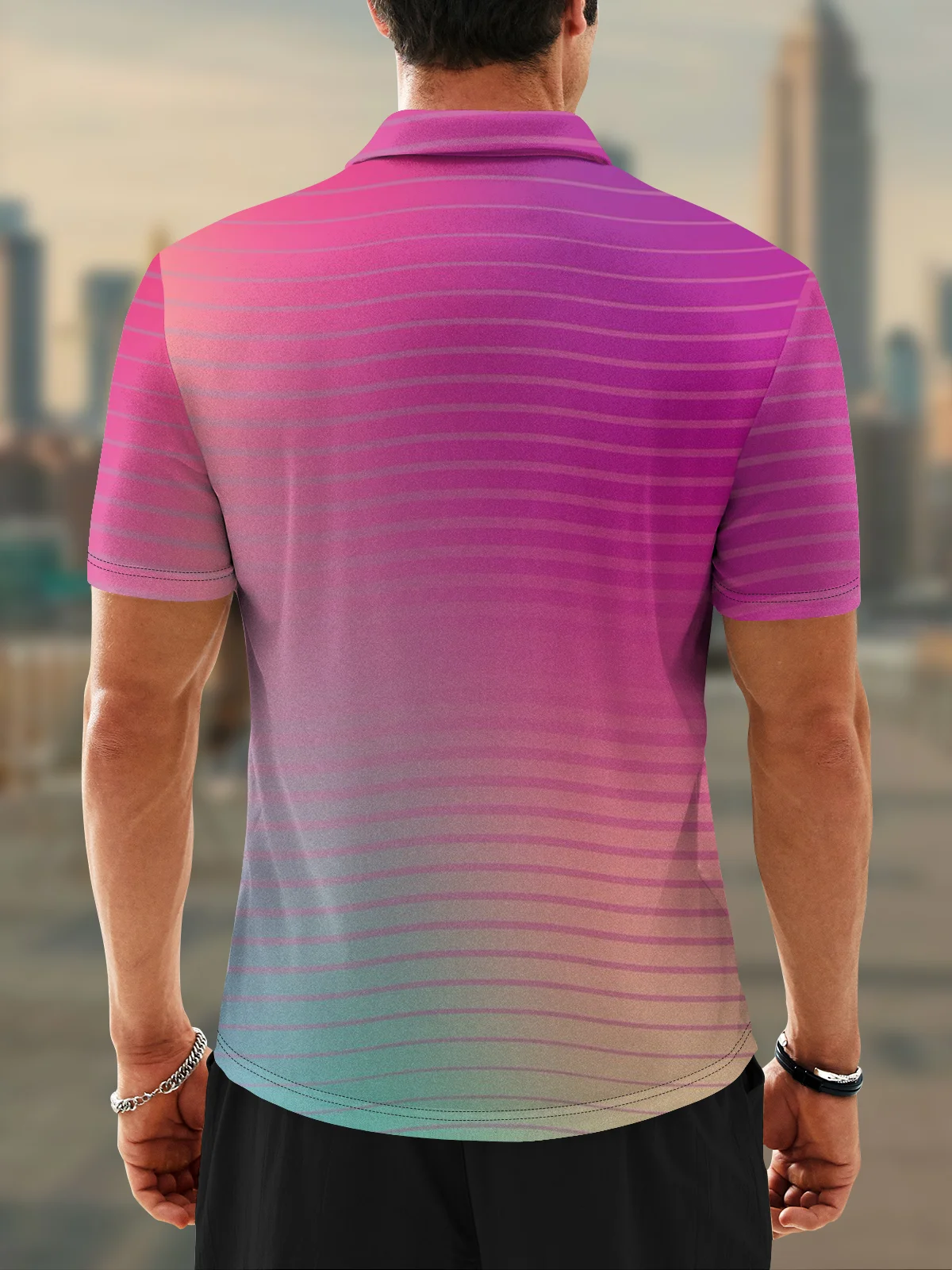 Moisture Wicking Gradient Color Abstract Stripes Short Sleeve Golf Polo