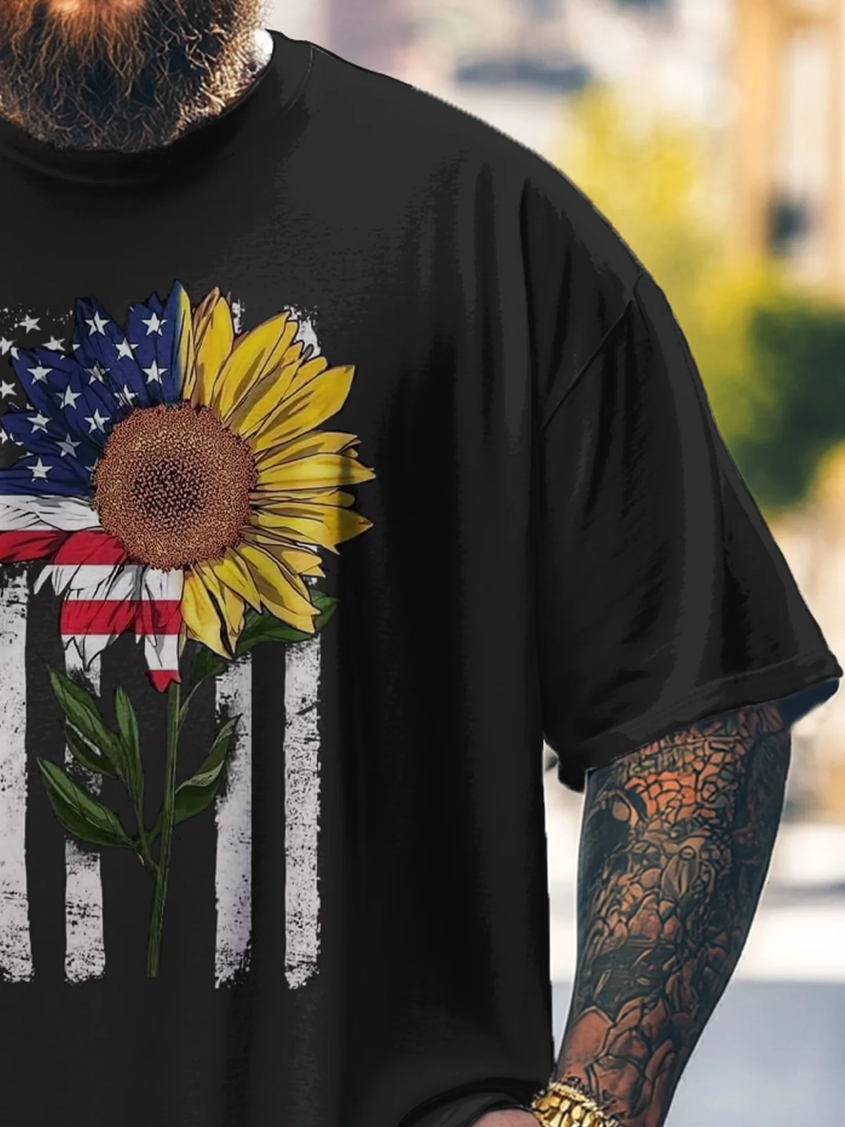 Big Size Men's American Flag Independence Day Sunflower Loose T-shirt