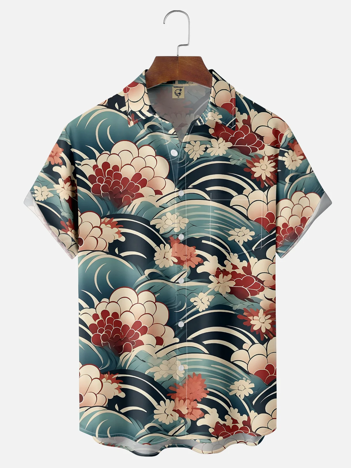 Moisture-wicking Japanese Flower Wave Ukiyo-e Art Chest Pocket Casual Shirt