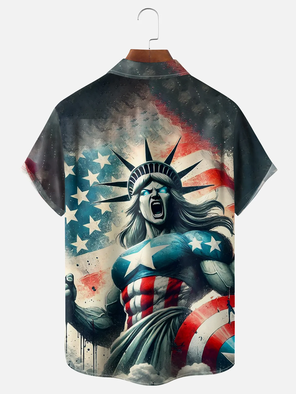 Moisture Wicking American Flag Statue of Liberty Chest Pocket Hawaiian Shirt