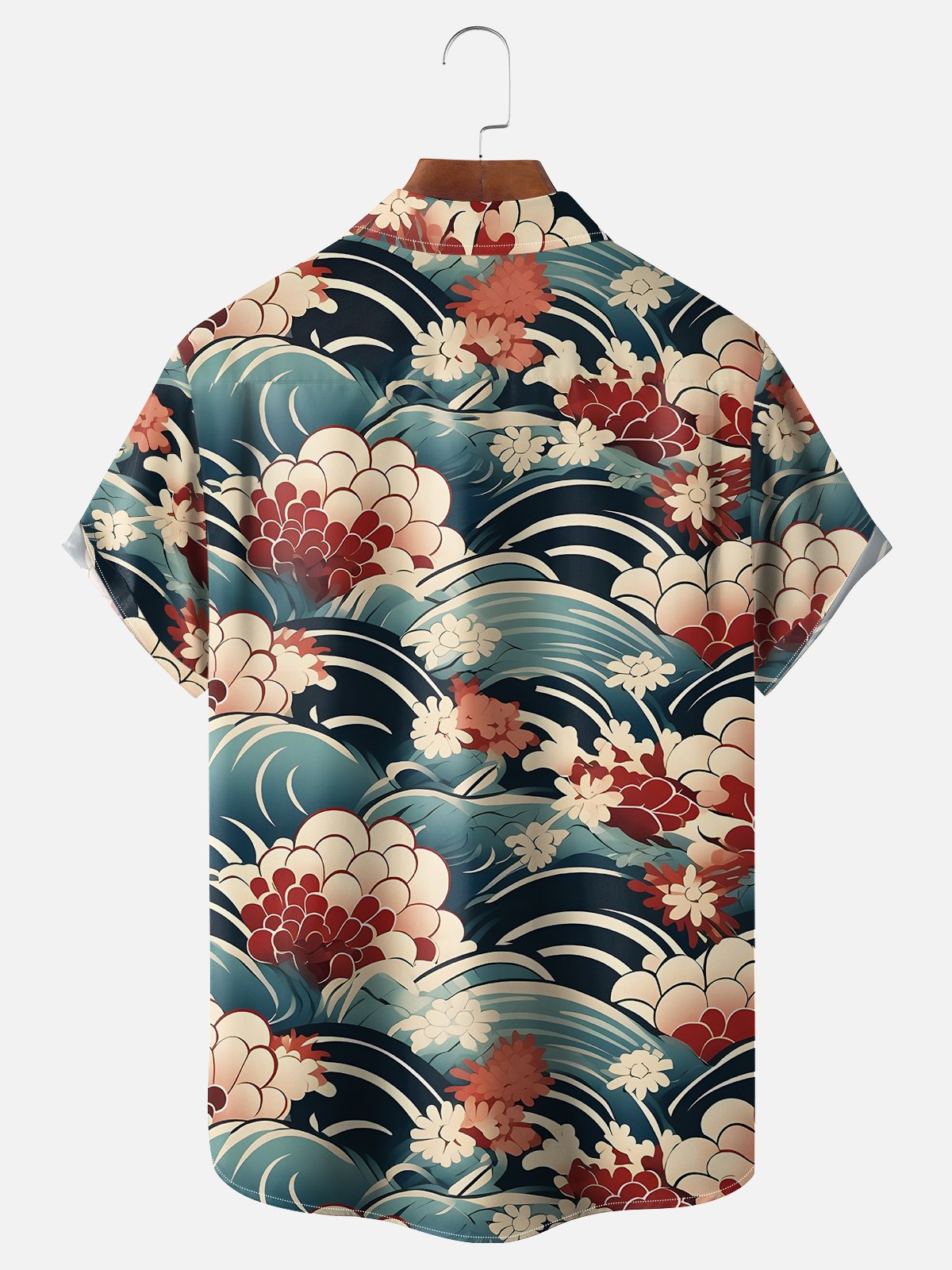 Moisture-wicking Japanese Flower Wave Ukiyo-e Art Chest Pocket Casual Shirt