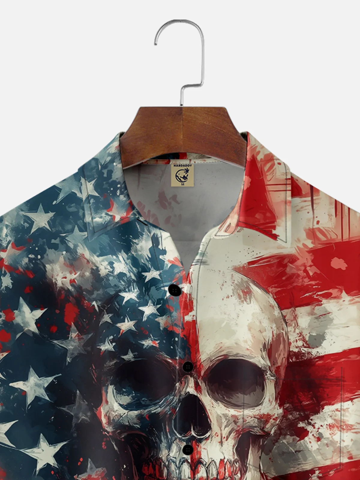 Moisture Wicking American Flag Skull Chest Pocket Hawaiian Shirt