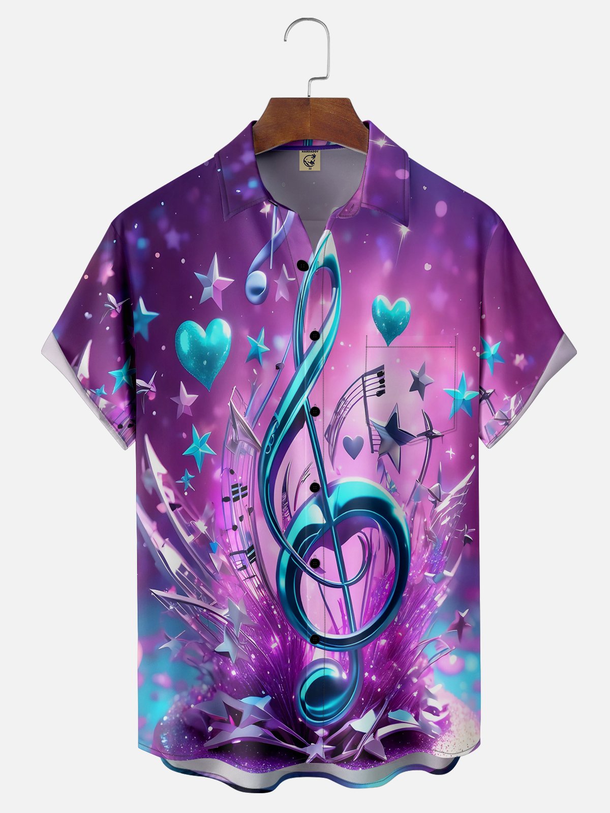 Moisture-wicking Abstract Gradient Musical Notes Chest Pocket Hawaiian Shirt