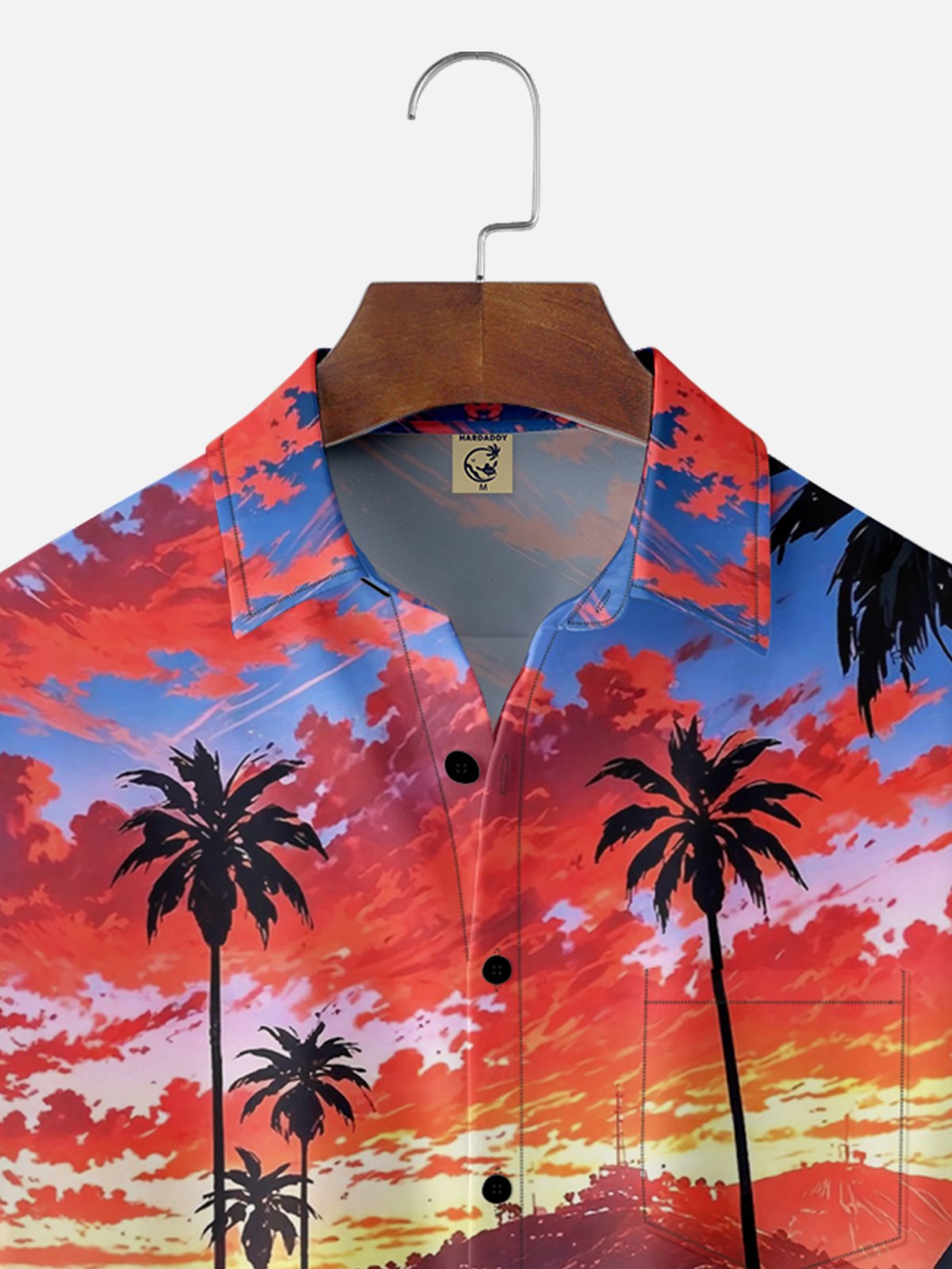 Moisture Wicking Coconut Tree Sunset Landscape Chest Pocket Hawaiian Shirt