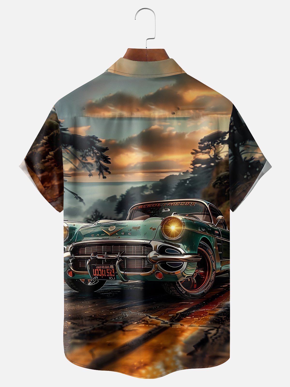 Moisture-wicking Retro Art Classic Car Chest Pocket Casual Shirt