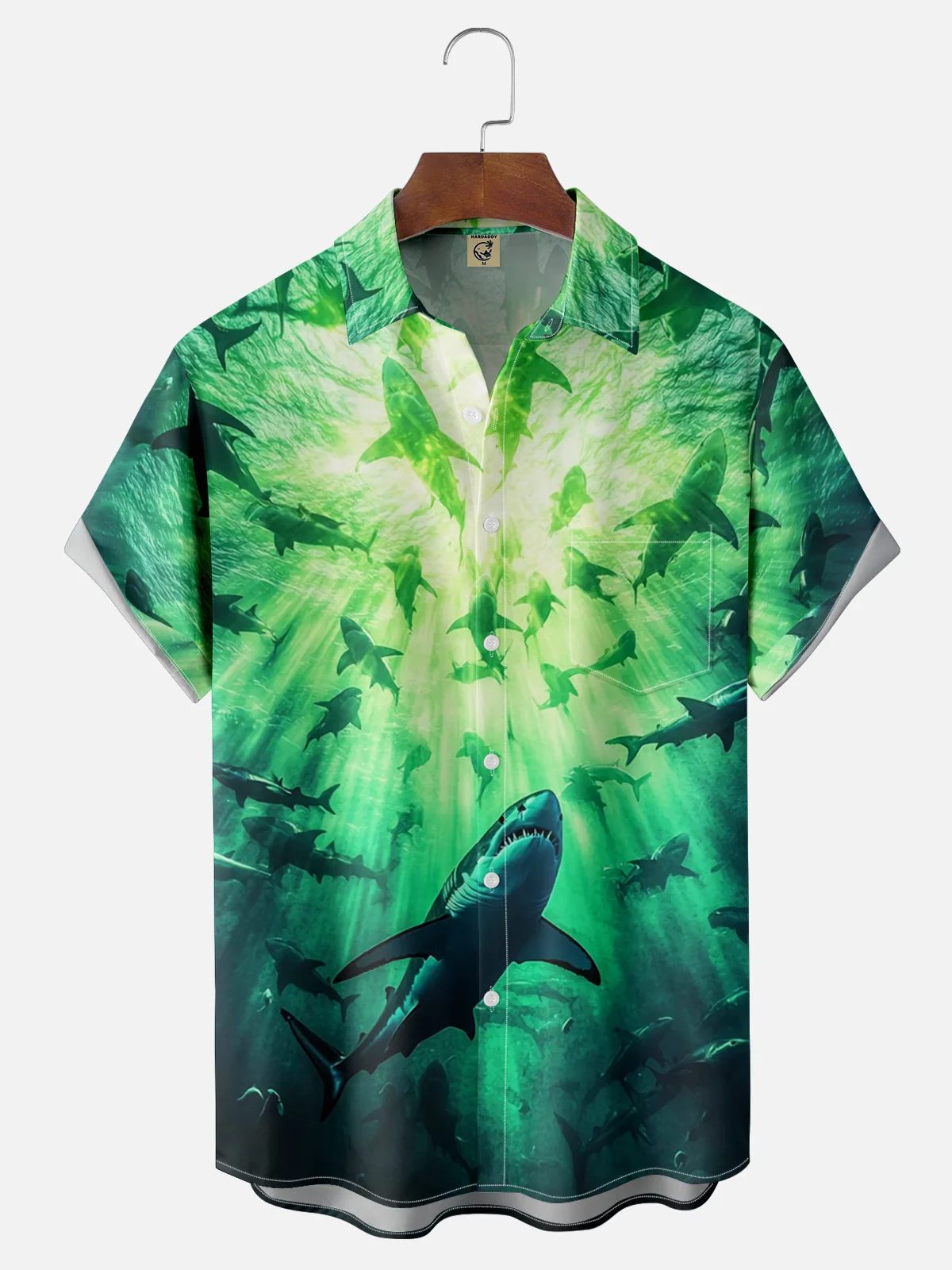 Moisture-wicking Fantasy Undersea Shark Chest Pocket Hawaiian Shirt