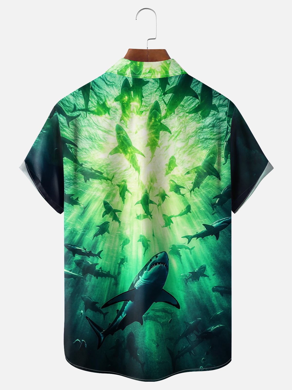 Moisture-wicking Fantasy Undersea Shark Chest Pocket Hawaiian Shirt