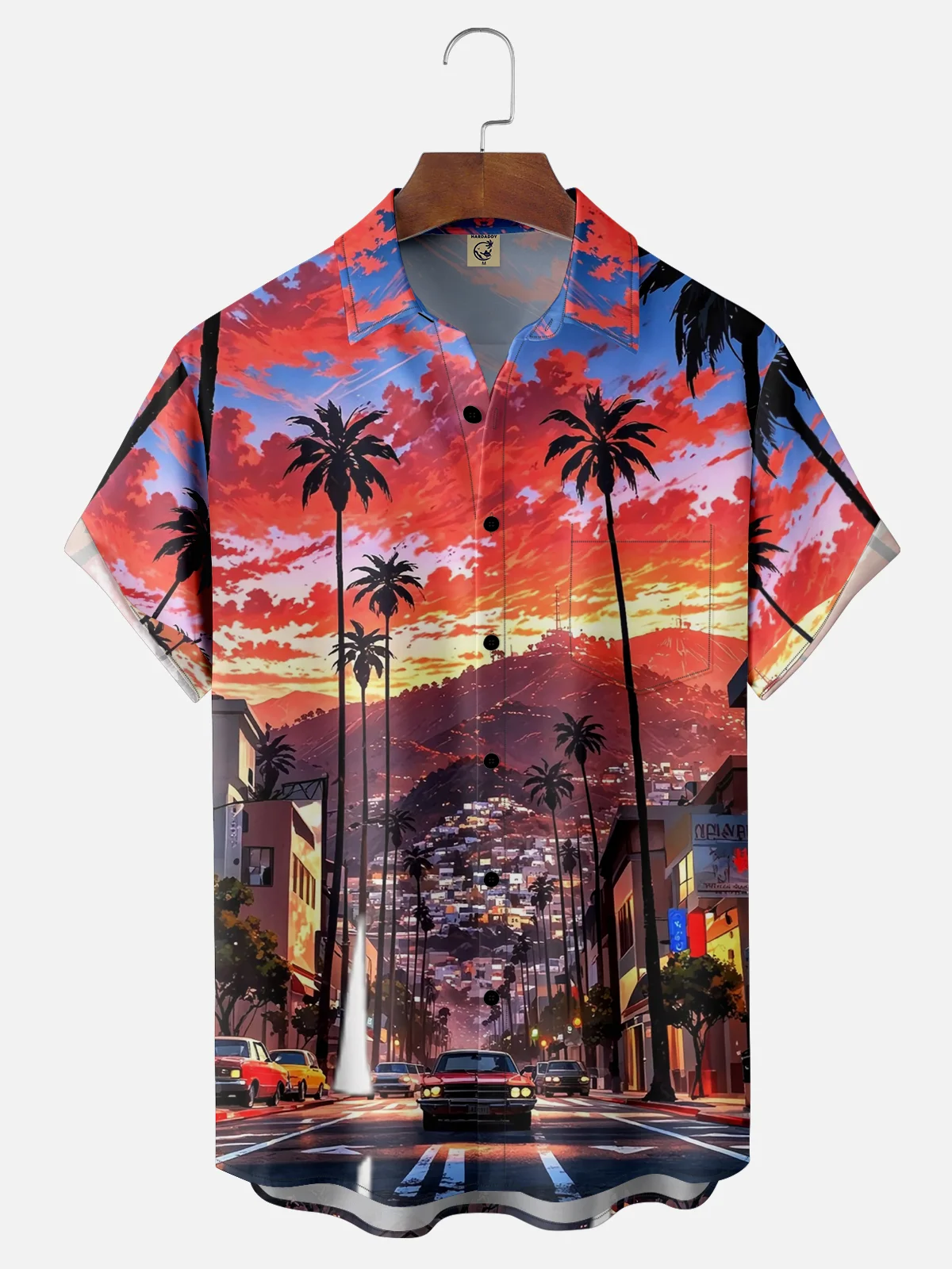 Moisture Wicking Coconut Tree Sunset Landscape Chest Pocket Hawaiian Shirt
