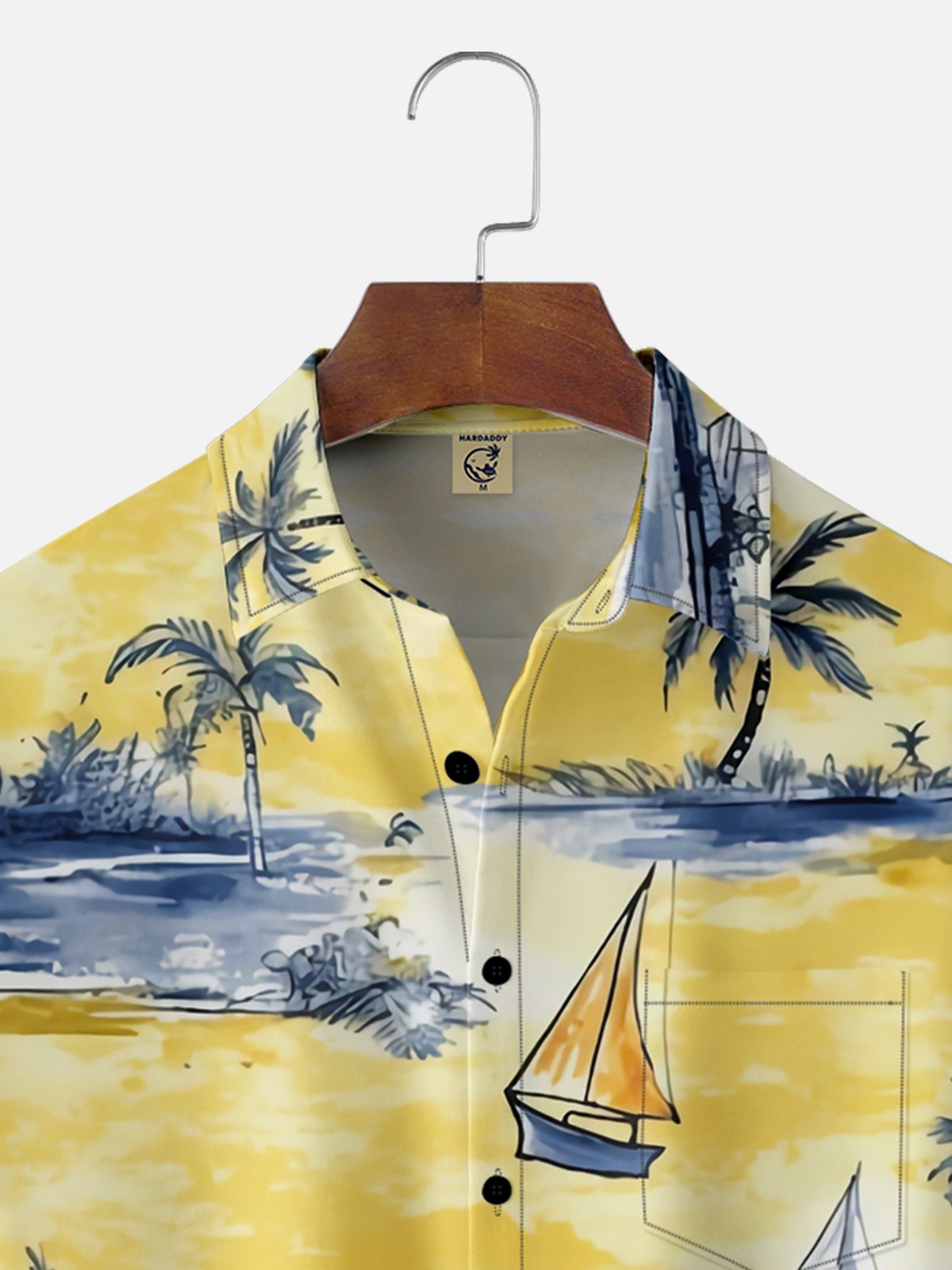 Moisture-wicking Coconut Tree Sailboat Chest Pocket Hawaiian Shirt
