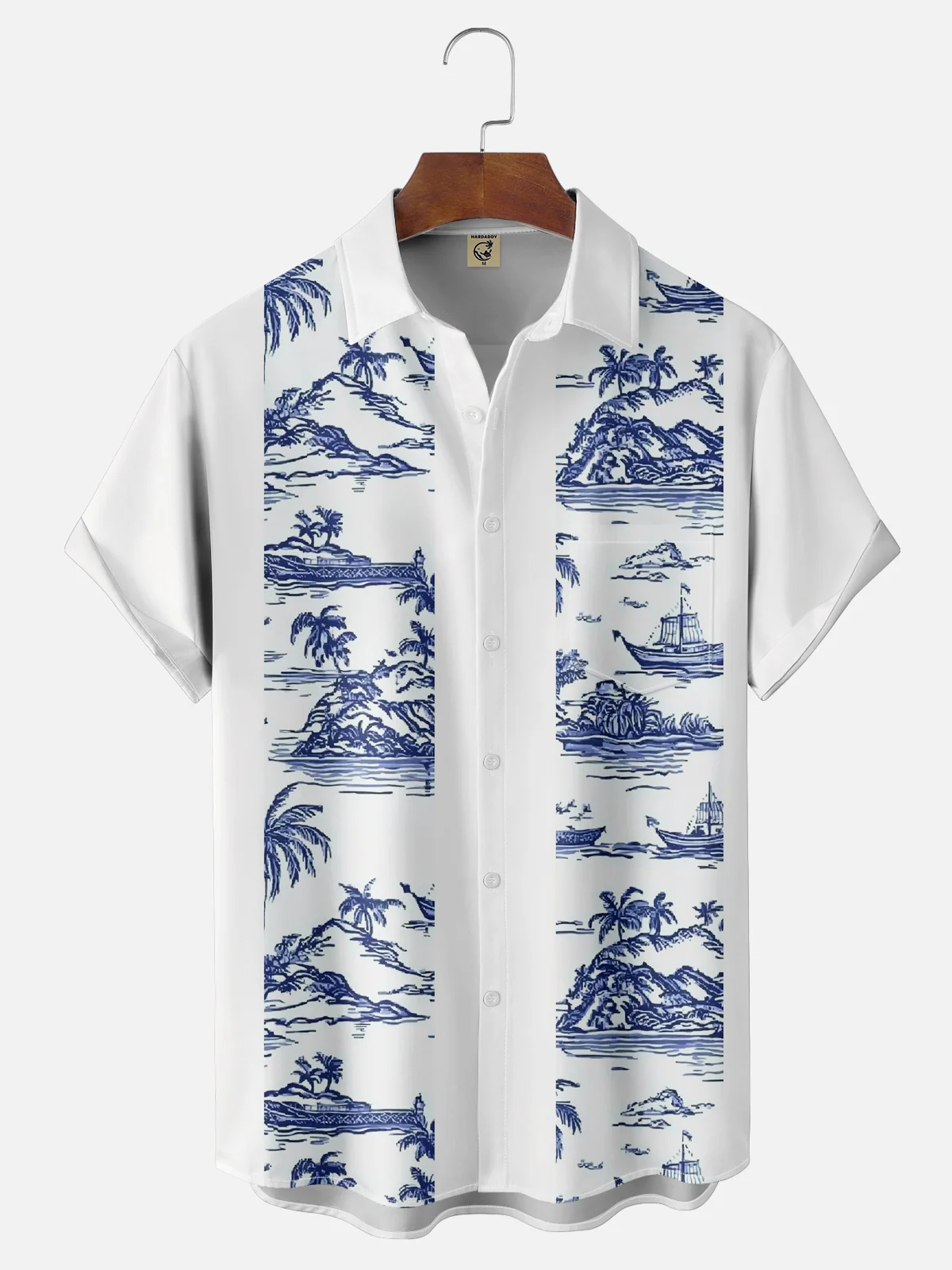 Moisture-wicking Palm Tree Chest Pocket Bowling Shirt