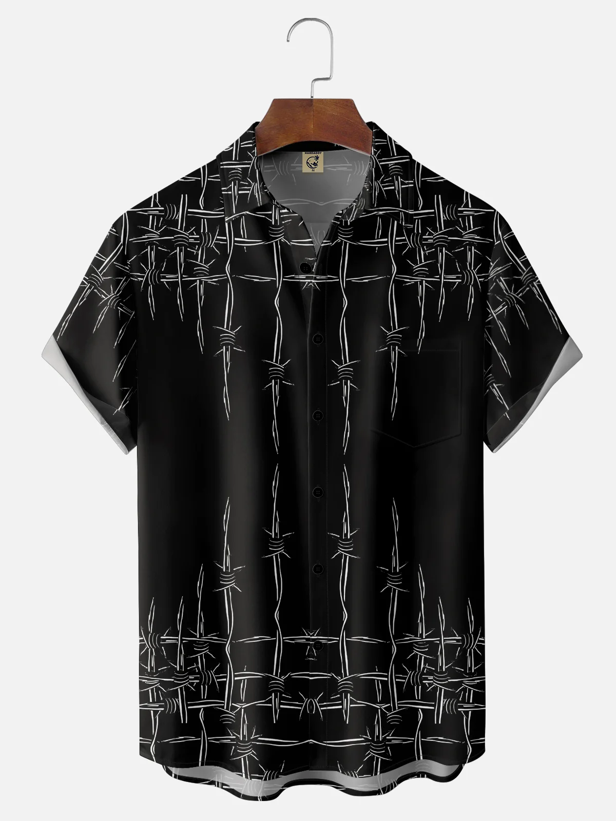 Moisture Wicking Abstract Geometric Barbed Wire Chest Pocket Hawaiian Shirt