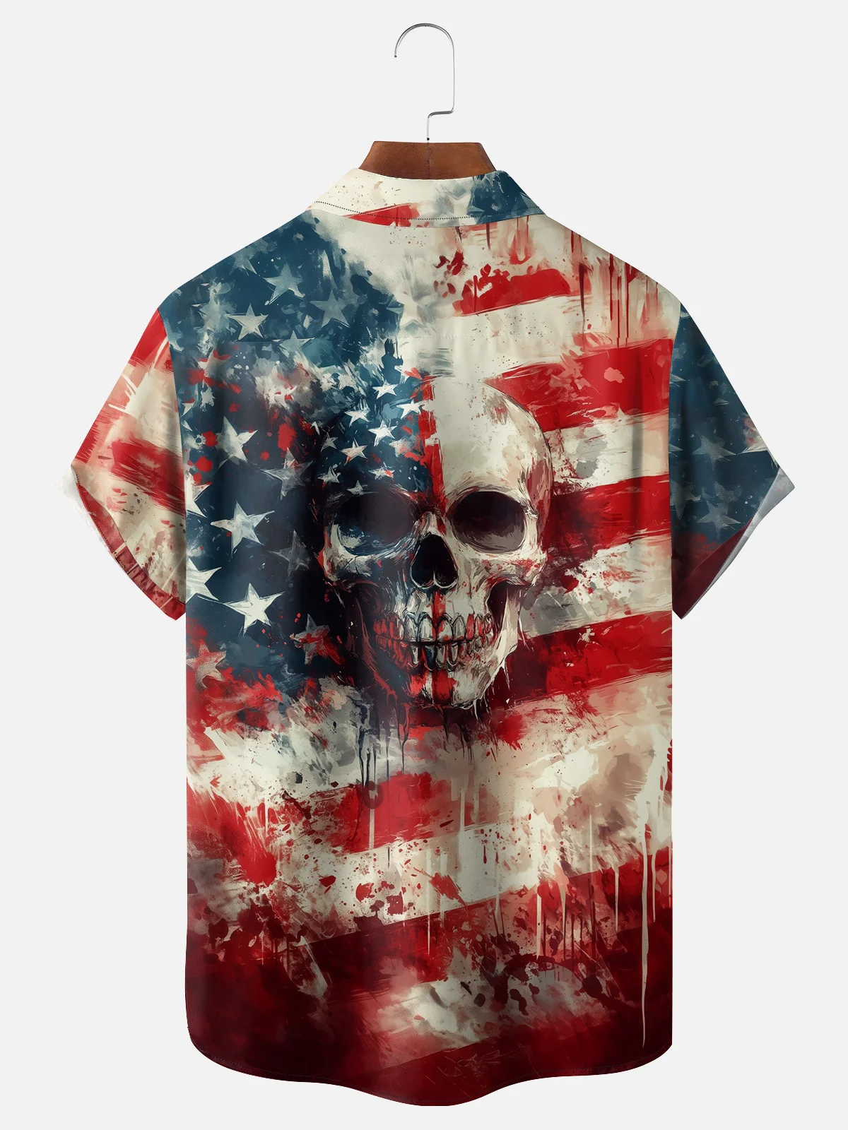 Moisture Wicking American Flag Skull Chest Pocket Hawaiian Shirt