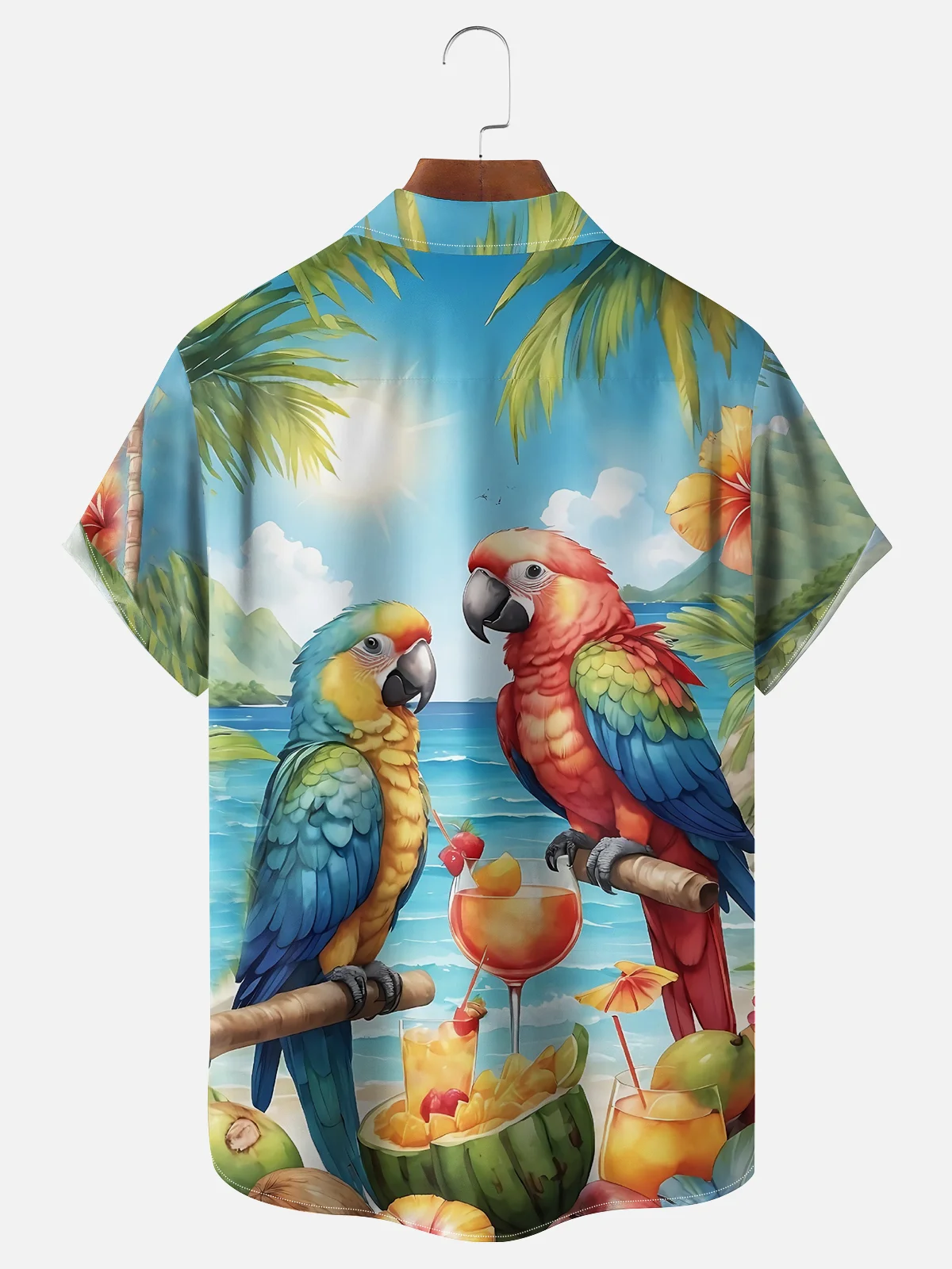 Moisture-wicking Summer Parrot Beach Cocktail Vacation Chest Pocket Hawaiian Shirt