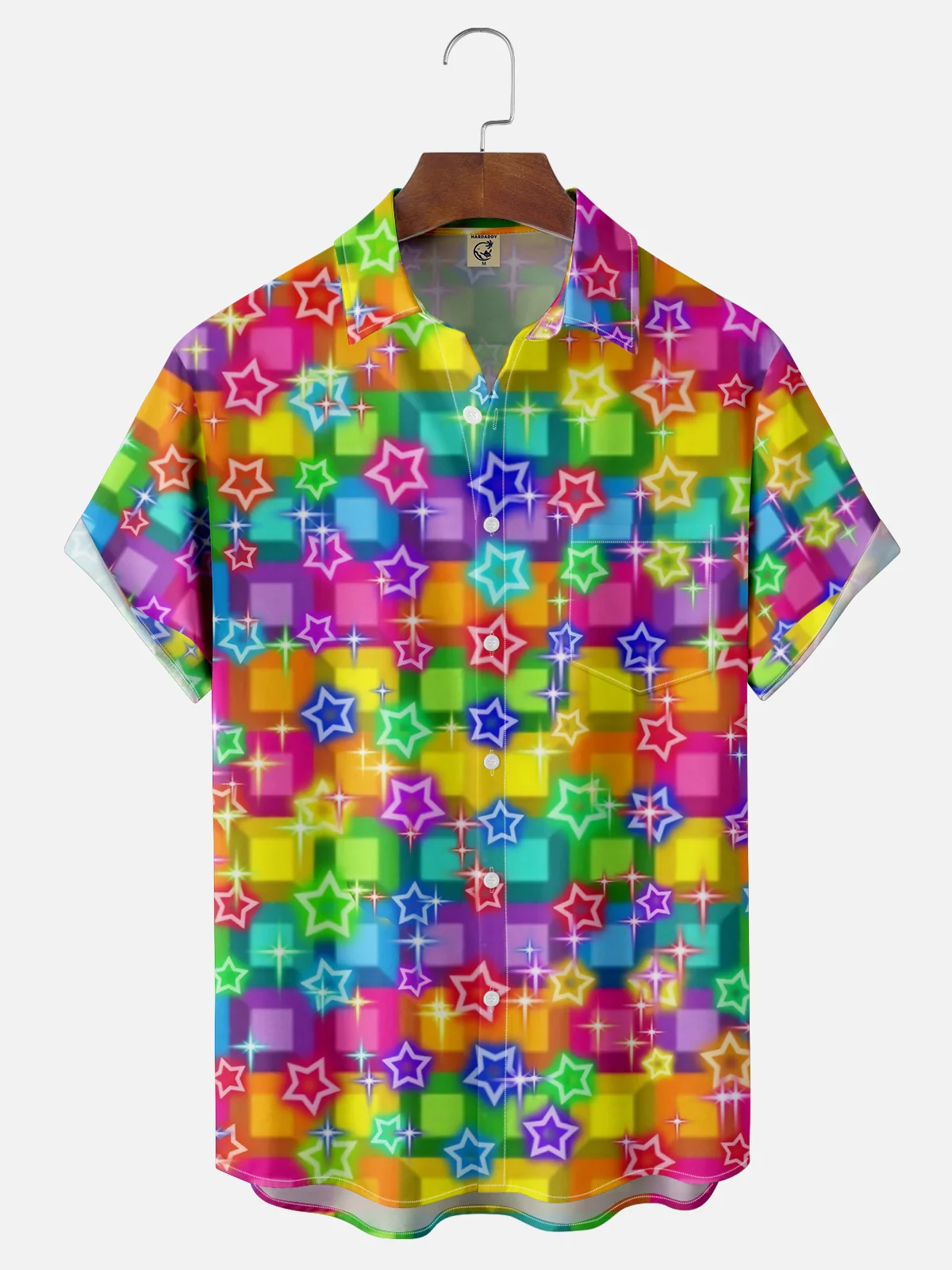 Moisture Wicking Gradient Geometric Color Block Chest Pocket Hawaiian Shirt
