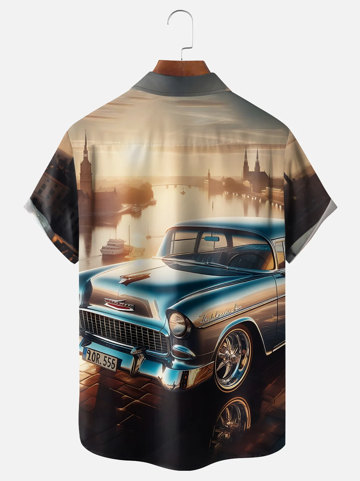 Moisture-wicking Retro Classic Car Art Chest Pocket Casual Shirt
