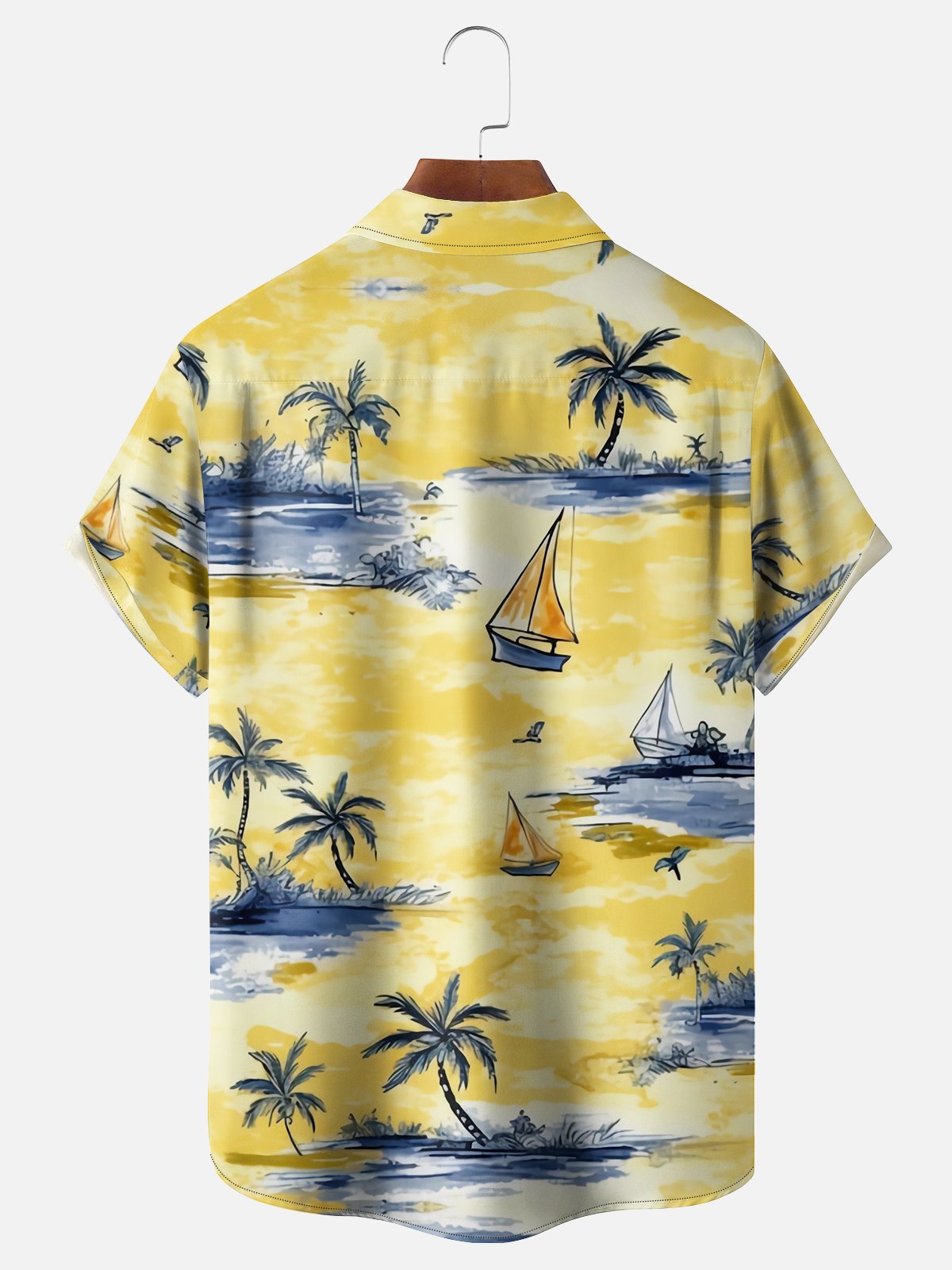 Moisture-wicking Coconut Tree Sailboat Chest Pocket Hawaiian Shirt
